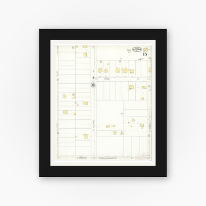 Old map wall art mockup — black gallery frame with white mat — Sanborn Fire Insurance Map from Hollywood, Los Angeles County, California (1907), Sheet #0015