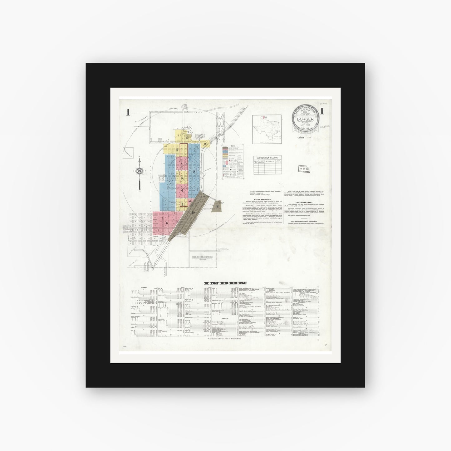 Old map wall art mockup — black gallery frame with white mat — Sanborn Fire Insurance Map from Borger, Hutchinson County, Texas (1933), Sheet #0001
