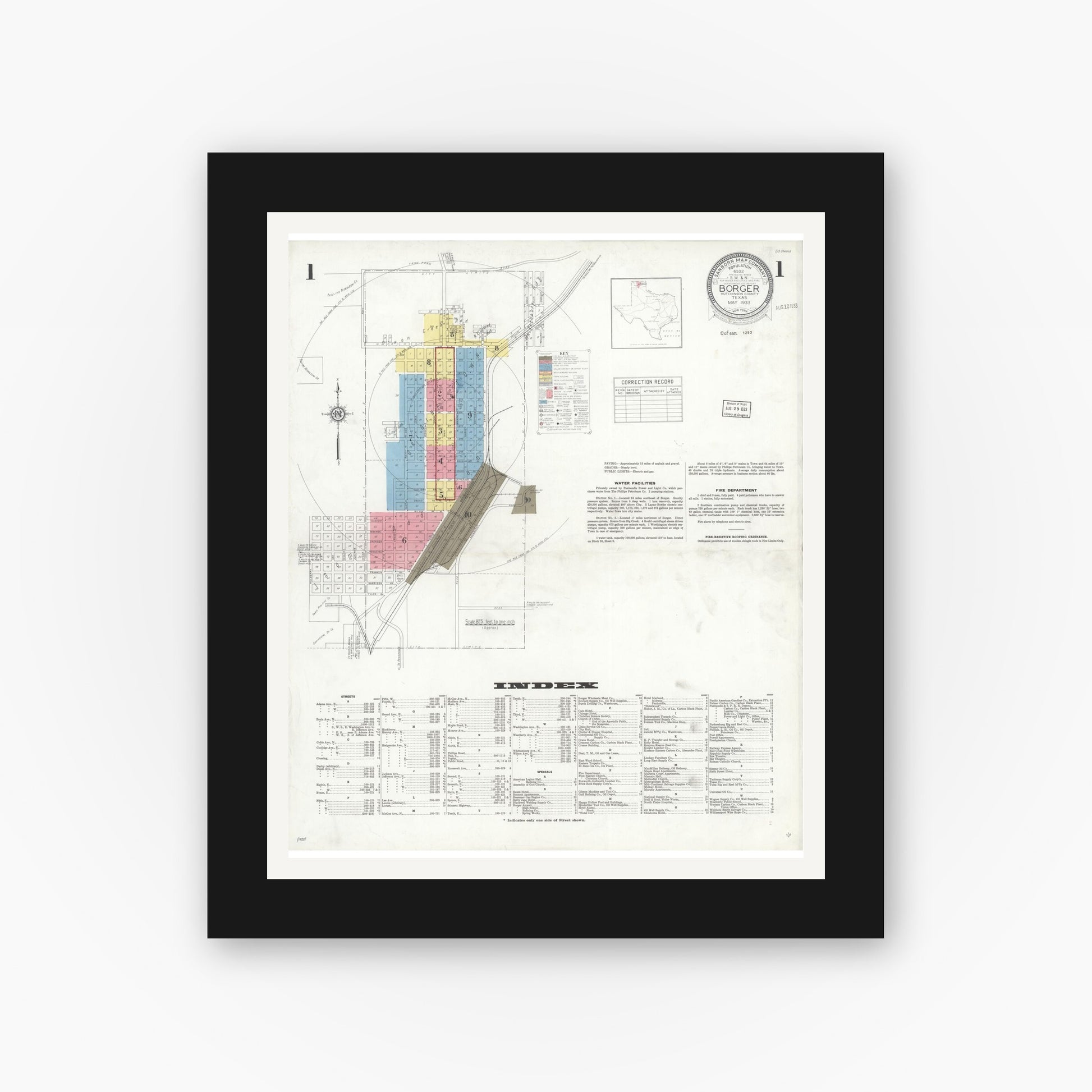 Old map wall art mockup — black gallery frame with white mat — Sanborn Fire Insurance Map from Borger, Hutchinson County, Texas (1933), Sheet #0001