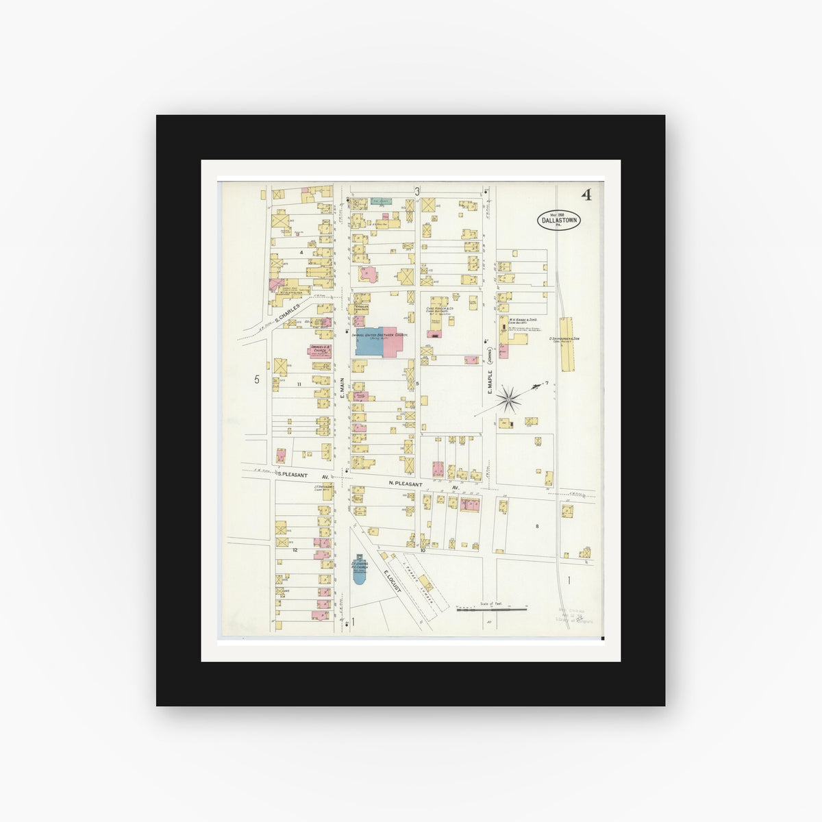 Old map wall art mockup — black gallery frame with white mat — Sanborn Fire Insurance Map from Dallastown, York County, Pennsylvania (1908), Sheet #0004