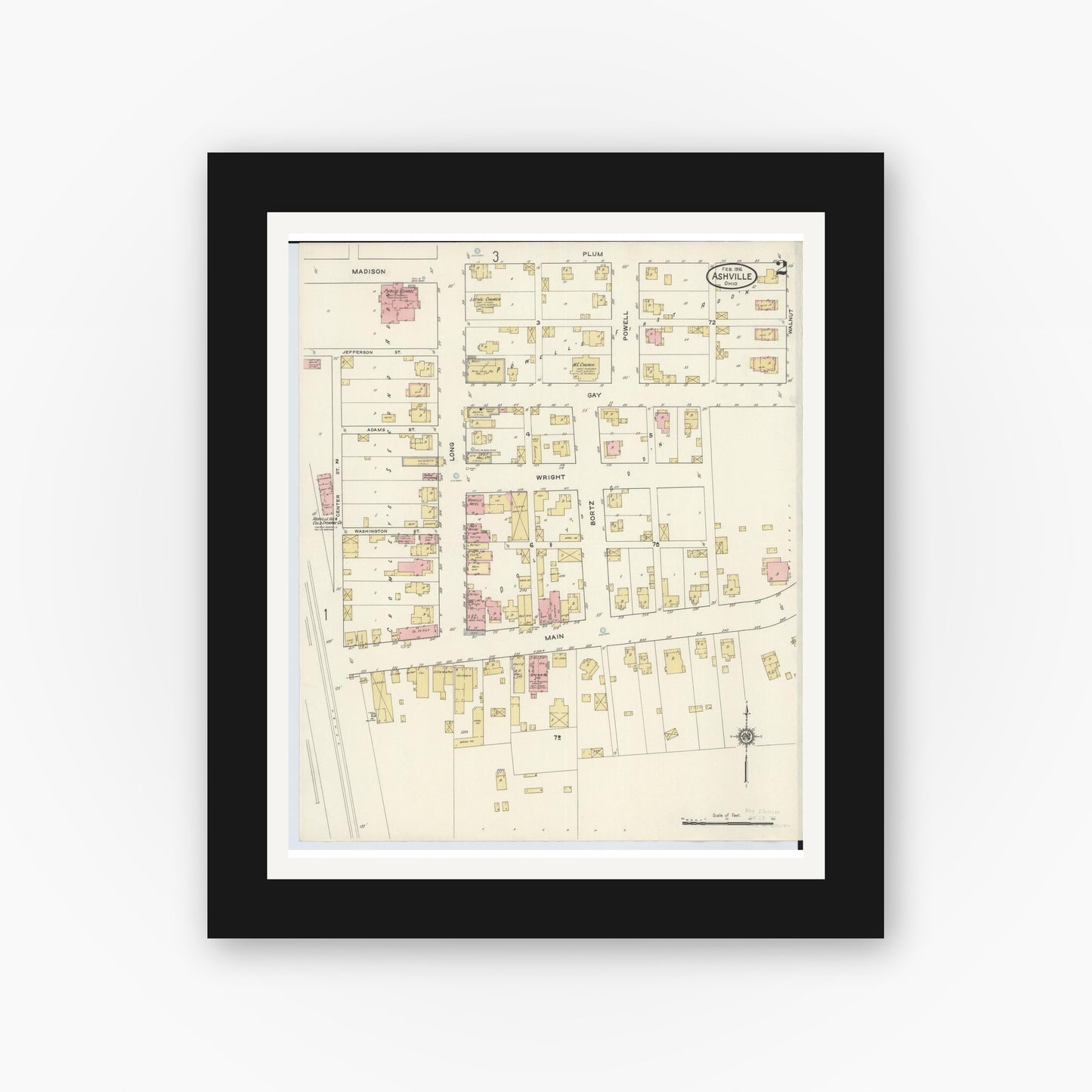 Old map wall art mockup — black gallery frame with white mat — Sanborn Fire Insurance Map from Ashville, Pickaway County, Ohio (1916), Sheet #0002