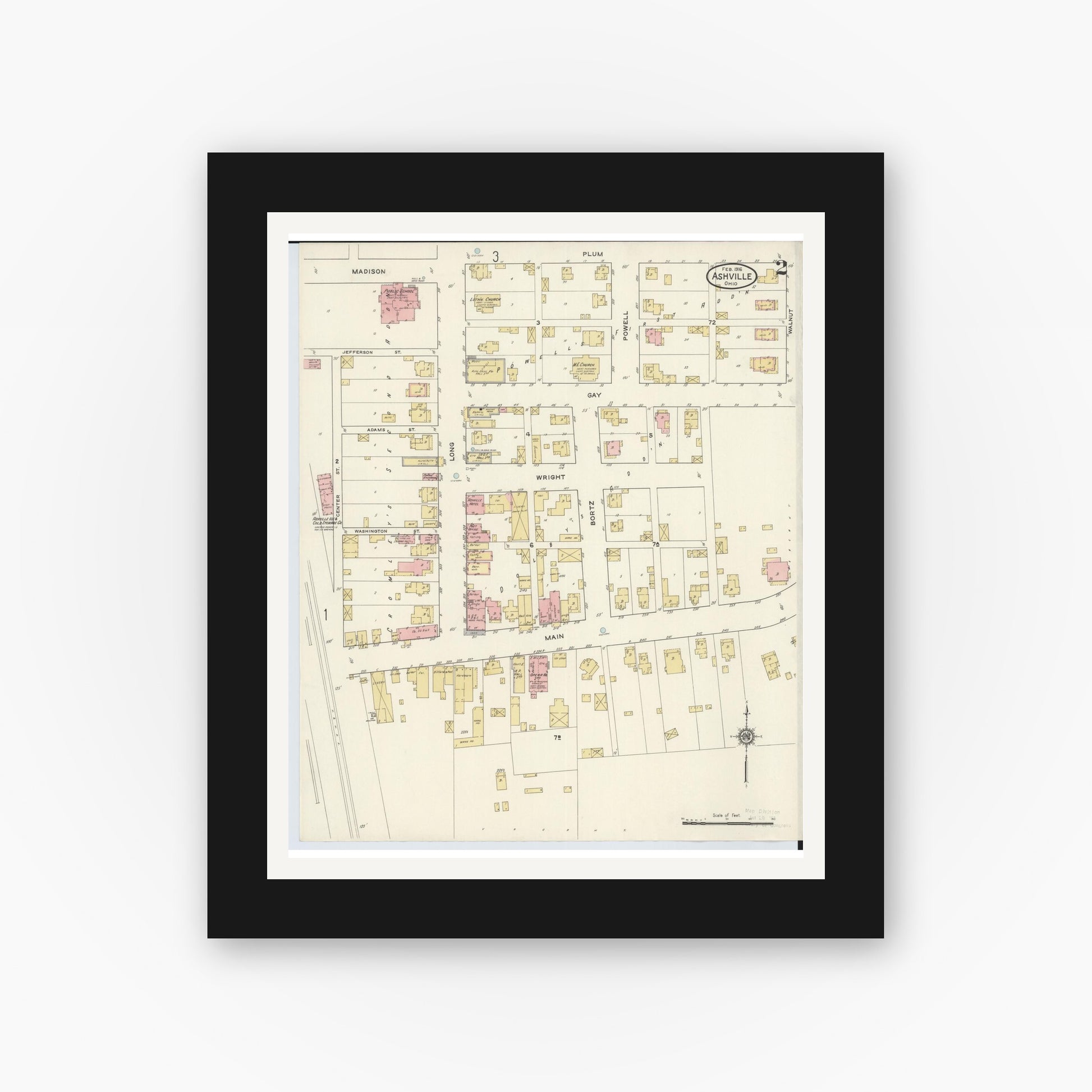 Old map wall art mockup — black gallery frame with white mat — Sanborn Fire Insurance Map from Ashville, Pickaway County, Ohio (1916), Sheet #0002
