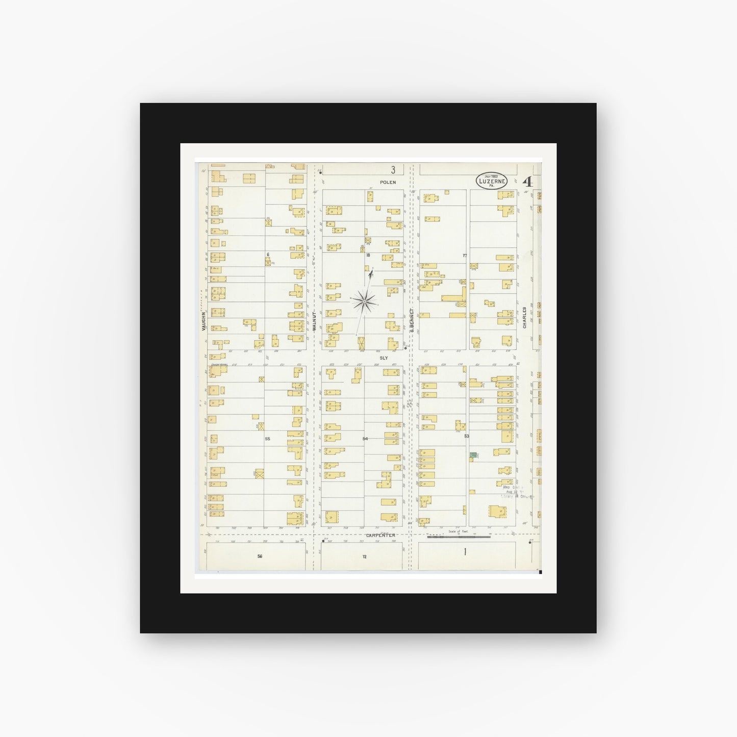 Old map wall art mockup — black gallery frame with white mat — Sanborn Fire Insurance Map from Luzerne, Luzerne County, Pennsylvania (1903), Sheet #0004