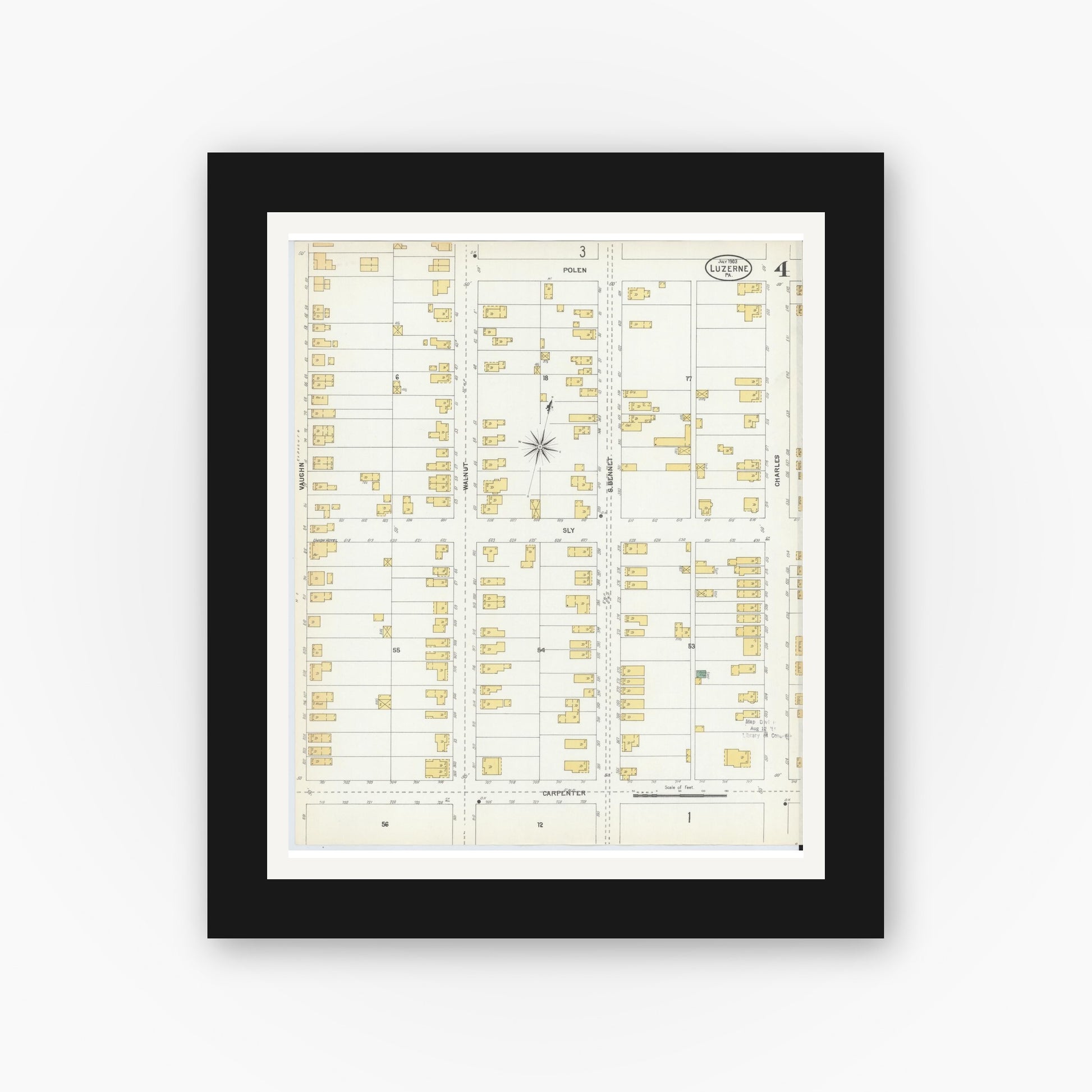 Old map wall art mockup — black gallery frame with white mat — Sanborn Fire Insurance Map from Luzerne, Luzerne County, Pennsylvania (1903), Sheet #0004