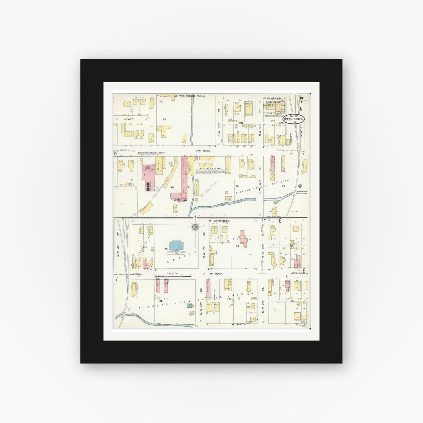 Old map wall art mockup — black gallery frame with white mat — Sanborn Fire Insurance Map from Washington, Daviess County, Indiana (1909), Sheet #0007
