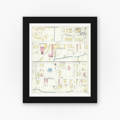 Old map wall art mockup — black gallery frame with white mat — Sanborn Fire Insurance Map from Washington, Daviess County, Indiana (1909), Sheet #0007