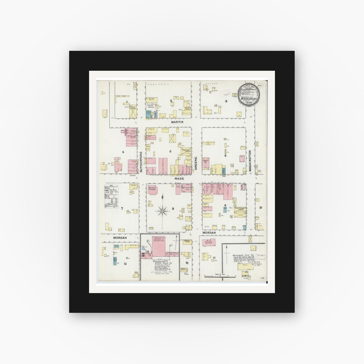 Old map wall art mockup — black gallery frame with white mat — Sanborn Fire Insurance Map from Wadesboro, Anson County, North Carolina (1892), Sheet #0001
