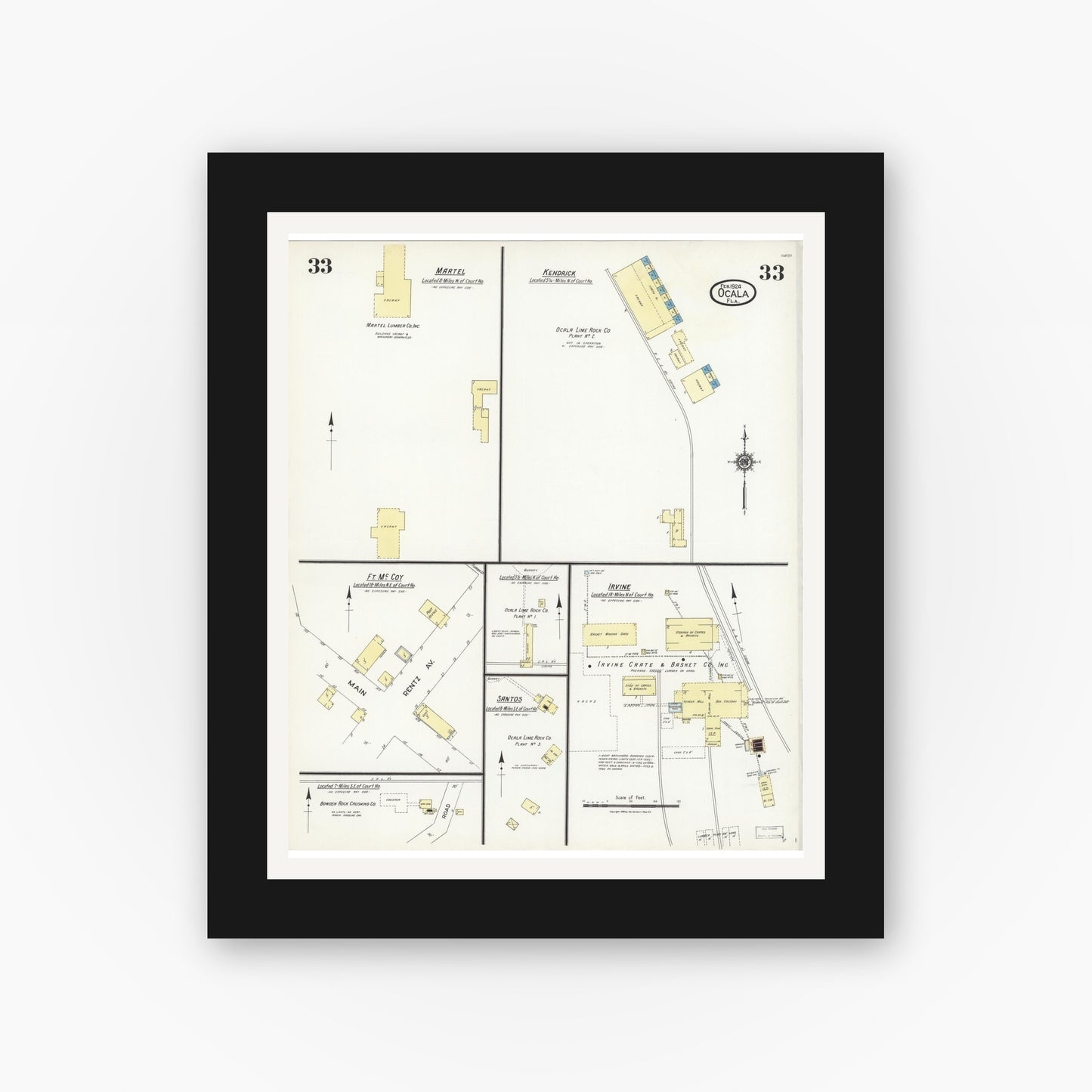 Old map wall art mockup — black gallery frame with white mat — Sanborn Fire Insurance Map from Ocala, Marion County, Florida (1924), Sheet #0033