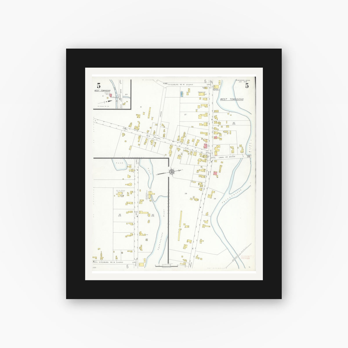 Old map wall art mockup — black gallery frame with white mat — Sanborn Fire Insurance Map from Townsend, Middlesex County, Massachusetts (1936), Sheet #0005