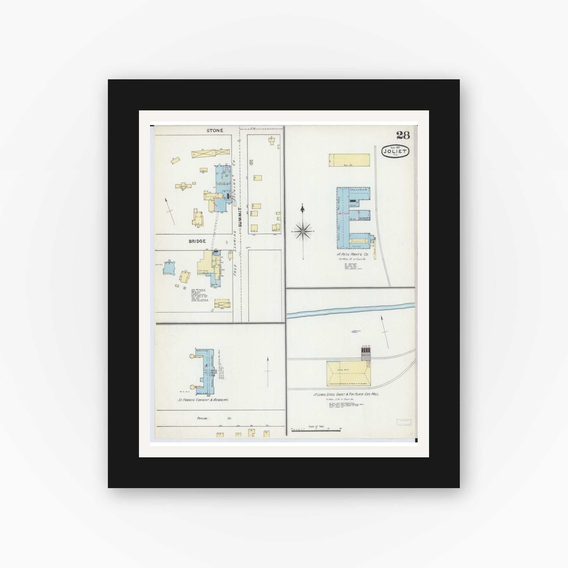 Old map wall art mockup — black gallery frame with white mat — Sanborn Fire Insurance Map from Joliet, Will County, Illinois (1891), Sheet #0028