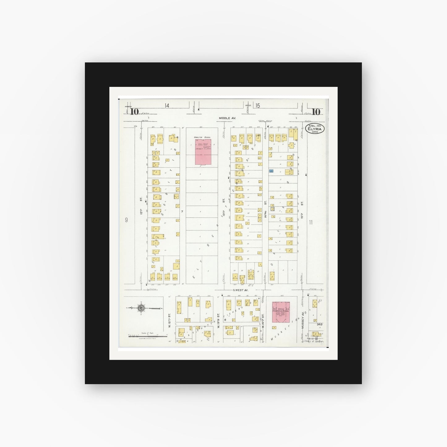 Old map wall art mockup — black gallery frame with white mat — Sanborn Fire Insurance Map from Elyria, Lorain County, Ohio (1925), Sheet #0010