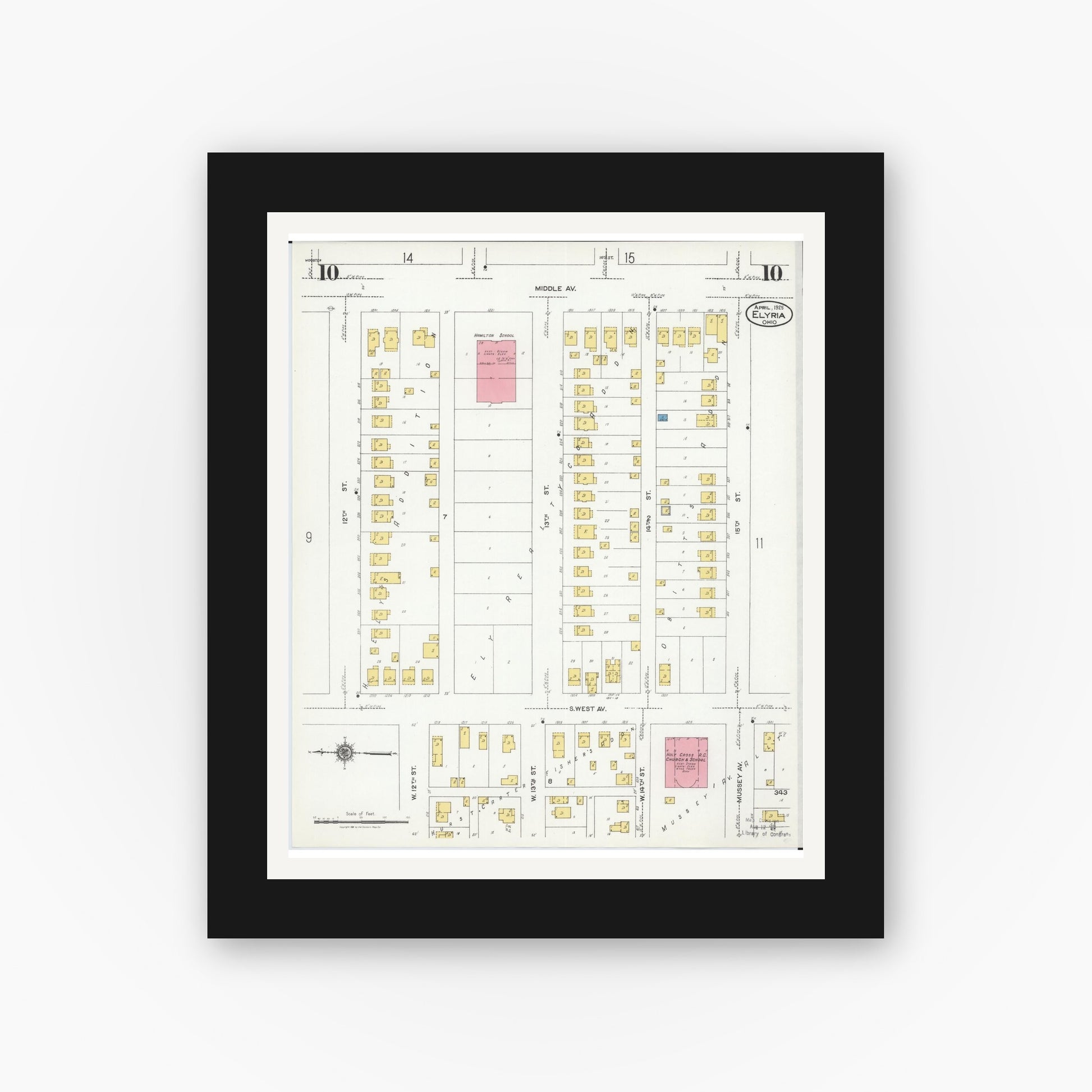 Old map wall art mockup — black gallery frame with white mat — Sanborn Fire Insurance Map from Elyria, Lorain County, Ohio (1925), Sheet #0010