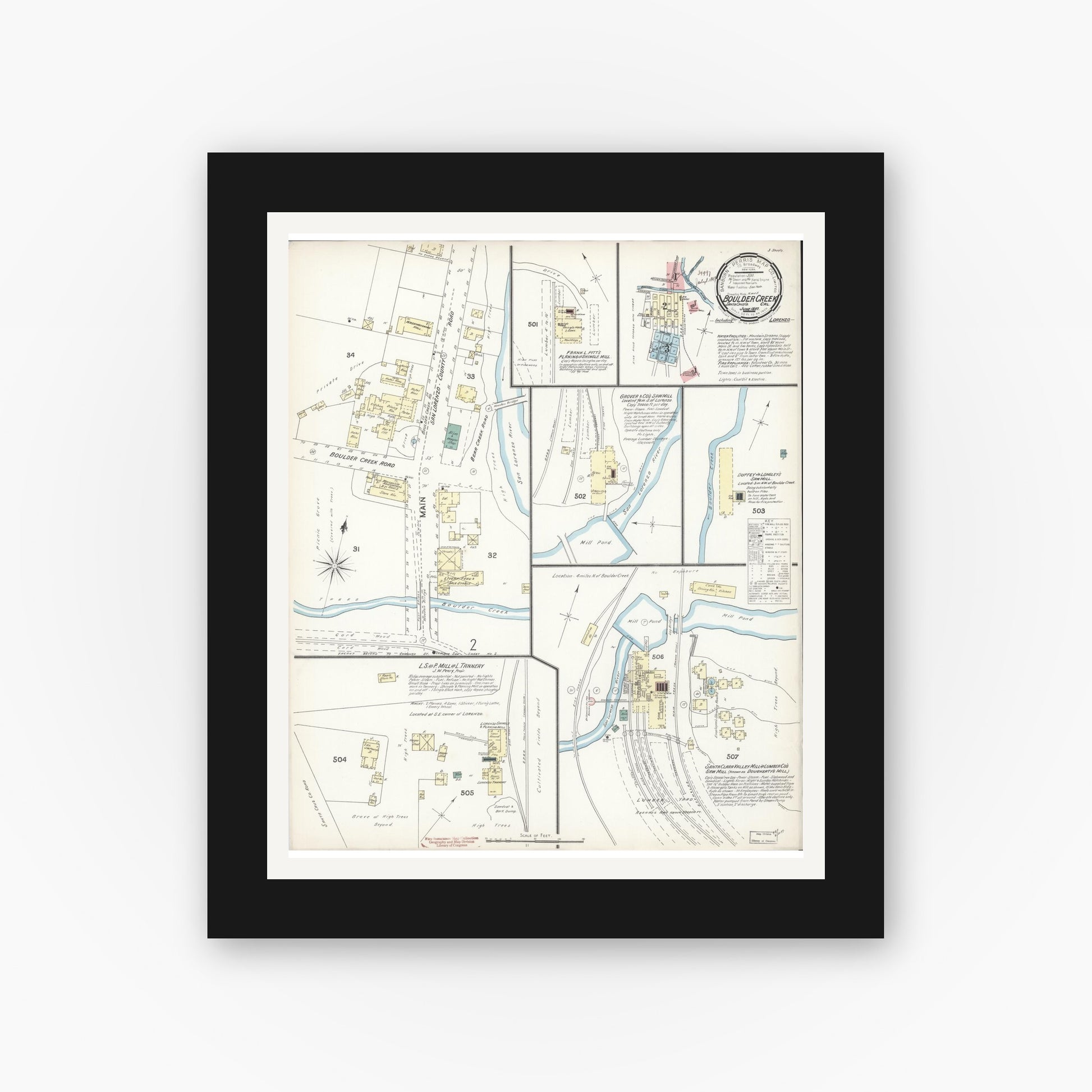 Old map wall art mockup — black gallery frame with white mat — Sanborn Fire Insurance Map from Boulder Creek, Santa Cruz County, California (1897), Sheet #0001