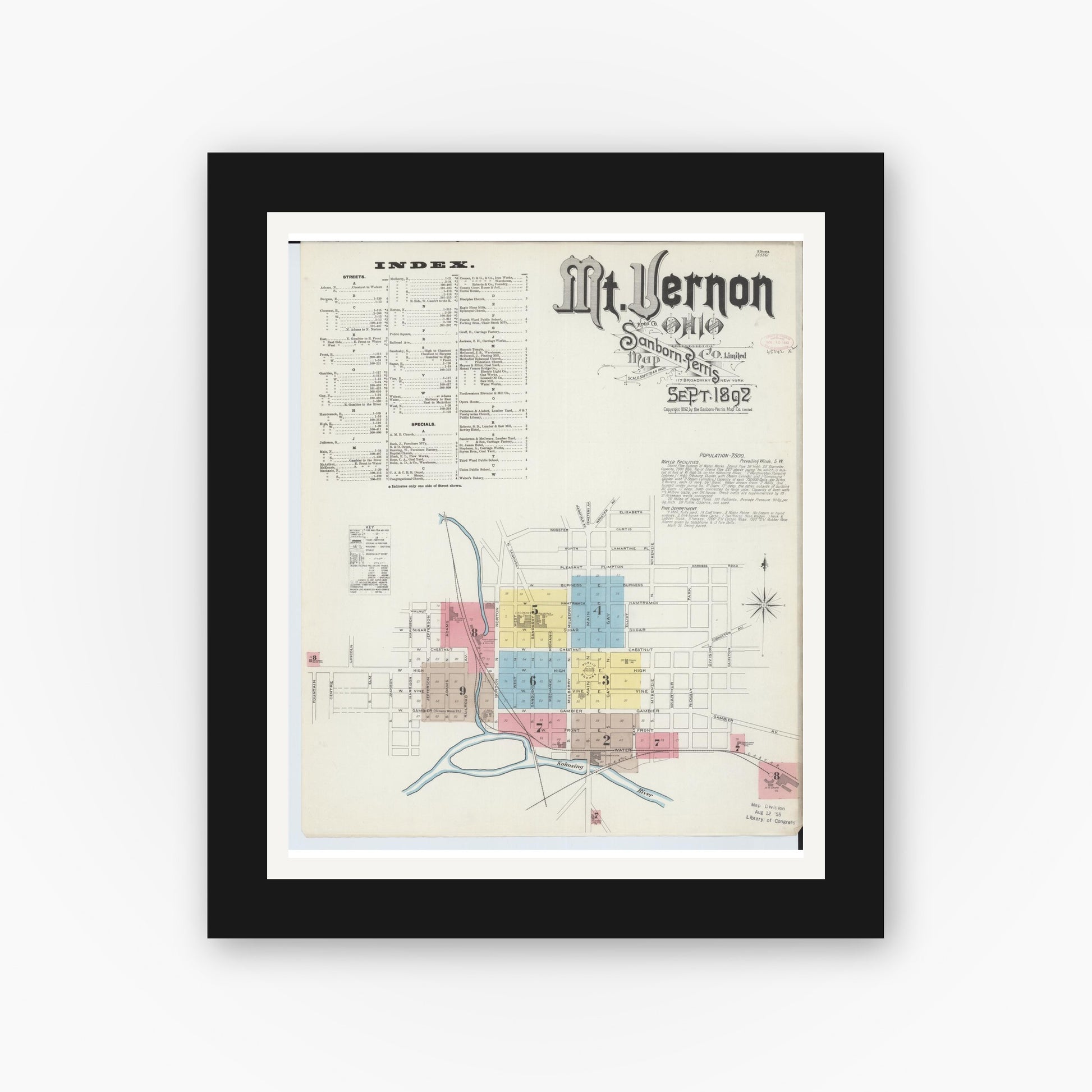 Old map wall art mockup — black gallery frame with white mat — Sanborn Fire Insurance Map from Mount Vernon, Knox County, Ohio (1892), Sheet #0001