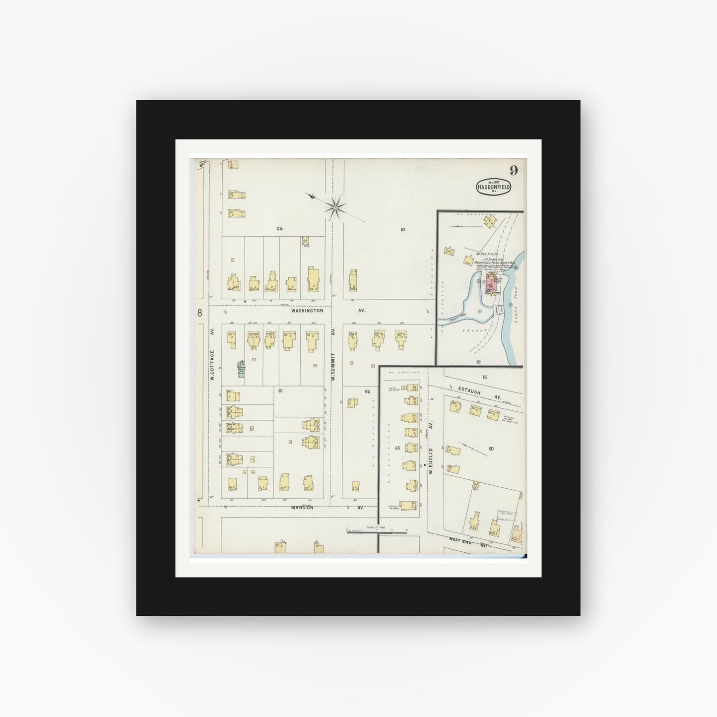 Old map wall art mockup — black gallery frame with white mat — Sanborn Fire Insurance Map from Haddonfield, Camden County, New Jersey (1897), Sheet #0009