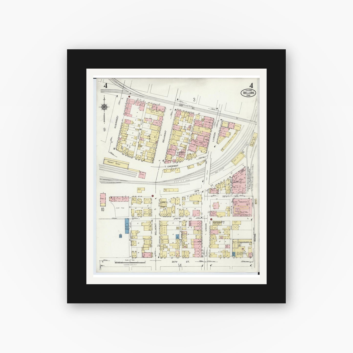 Old map wall art mockup — black gallery frame with white mat — Sanborn Fire Insurance Map from Bellaire, Belmont County, Ohio (1924), Sheet #0004