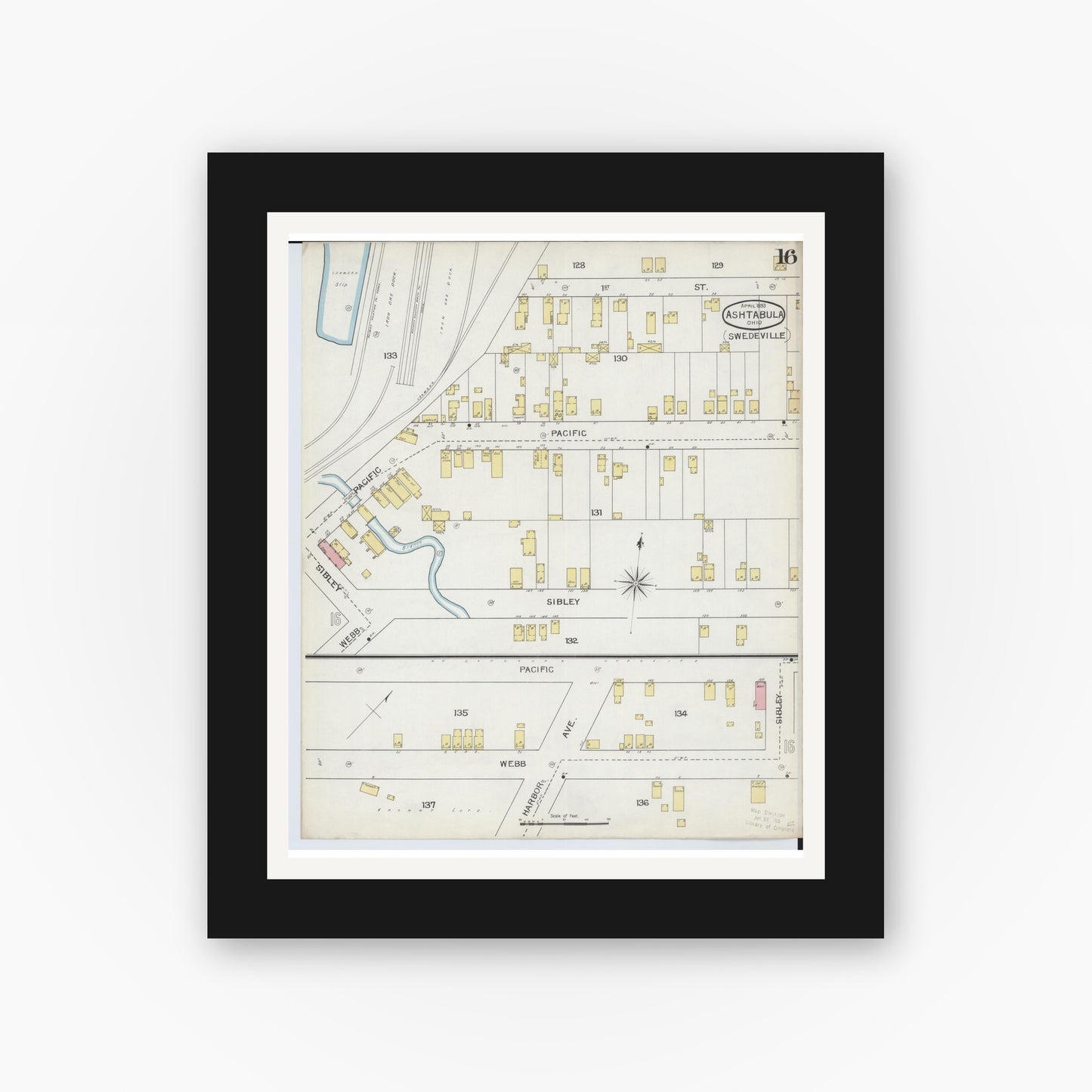 Old map wall art mockup — black gallery frame with white mat — Sanborn Fire Insurance Map from Ashtabula, Ashtabula County, Ohio (1893), Sheet #0016