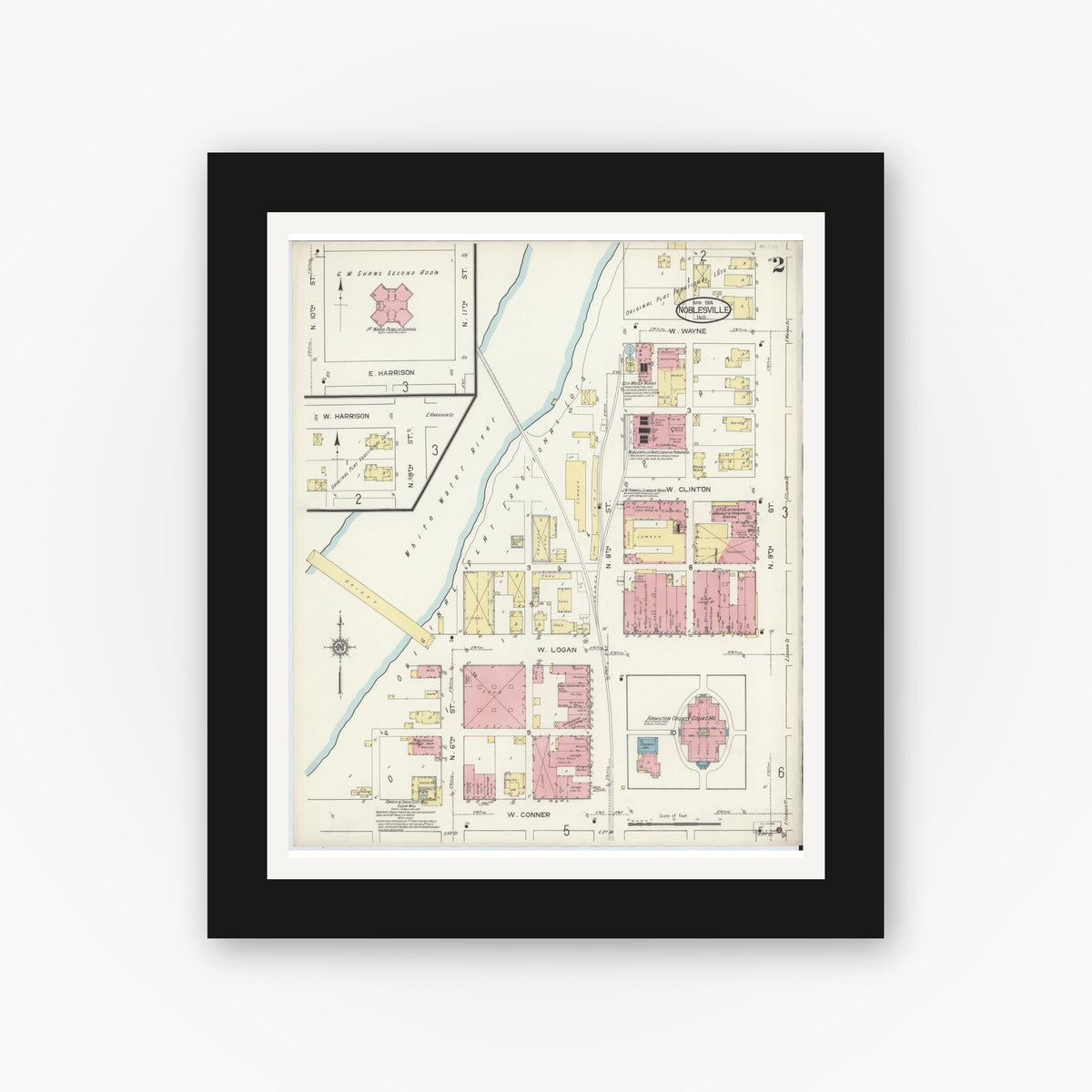 Old map wall art mockup — black gallery frame with white mat — Sanborn Fire Insurance Map from Noblesville, Hamilton County, Indiana (1914), Sheet #0002