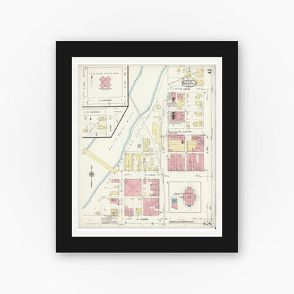 Old map wall art mockup — black gallery frame with white mat — Sanborn Fire Insurance Map from Noblesville, Hamilton County, Indiana (1914), Sheet #0002