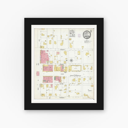 Old map wall art mockup — black gallery frame with white mat — Sanborn Fire Insurance Map from Henderson, Rusk County, Texas (1901) - Complete Map Set