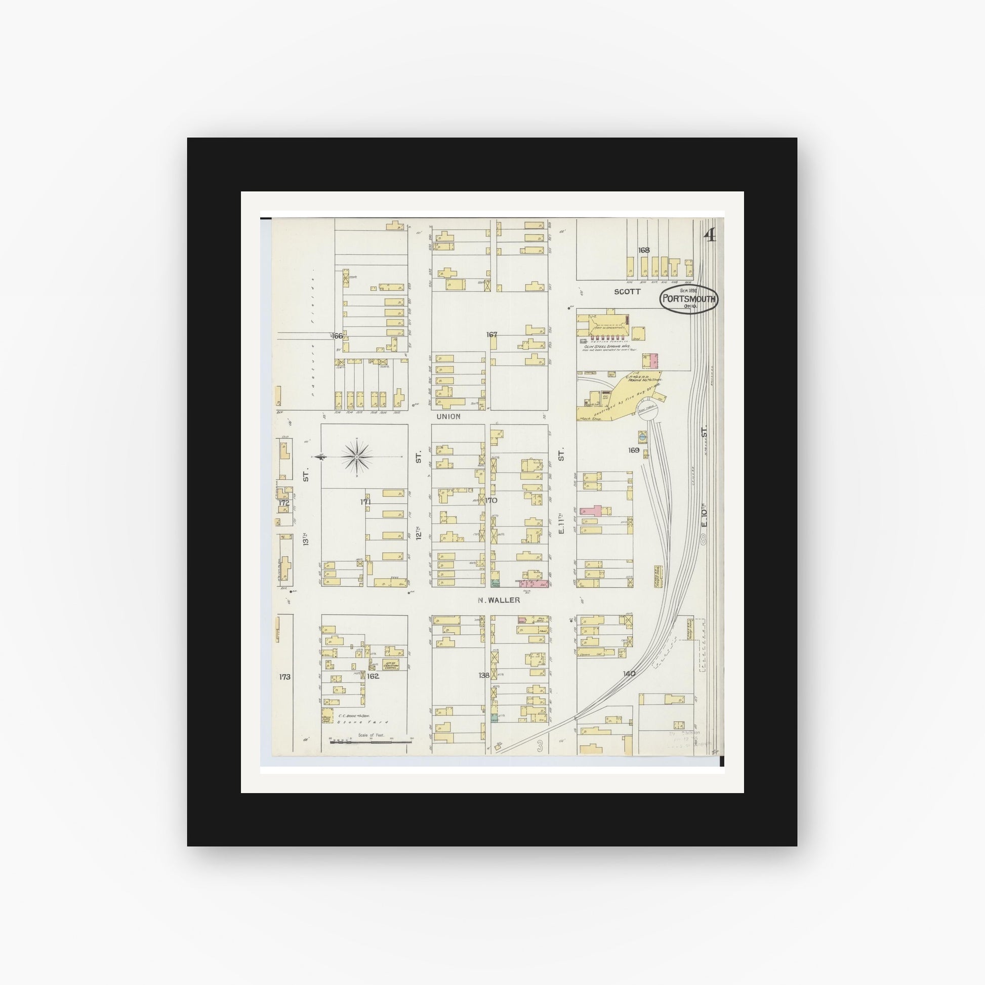 Old map wall art mockup — black gallery frame with white mat — Sanborn Fire Insurance Map from Portsmouth, Scioto County, Ohio (1892), Sheet #0004