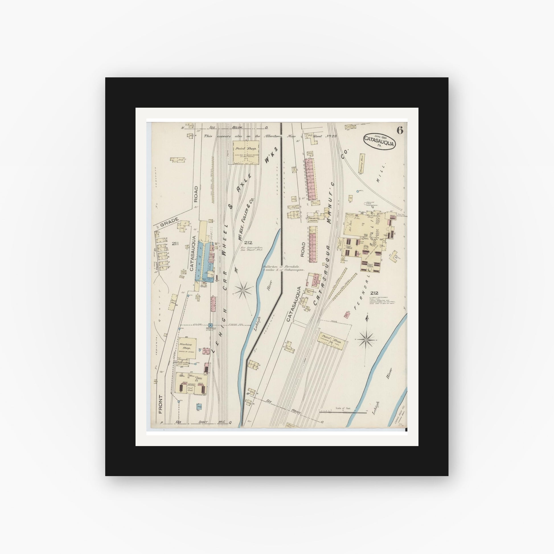 Old map wall art mockup — black gallery frame with white mat — Sanborn Fire Insurance Map from Catasauqua, Lehigh County, Pennsylvania (1885), Sheet #0006