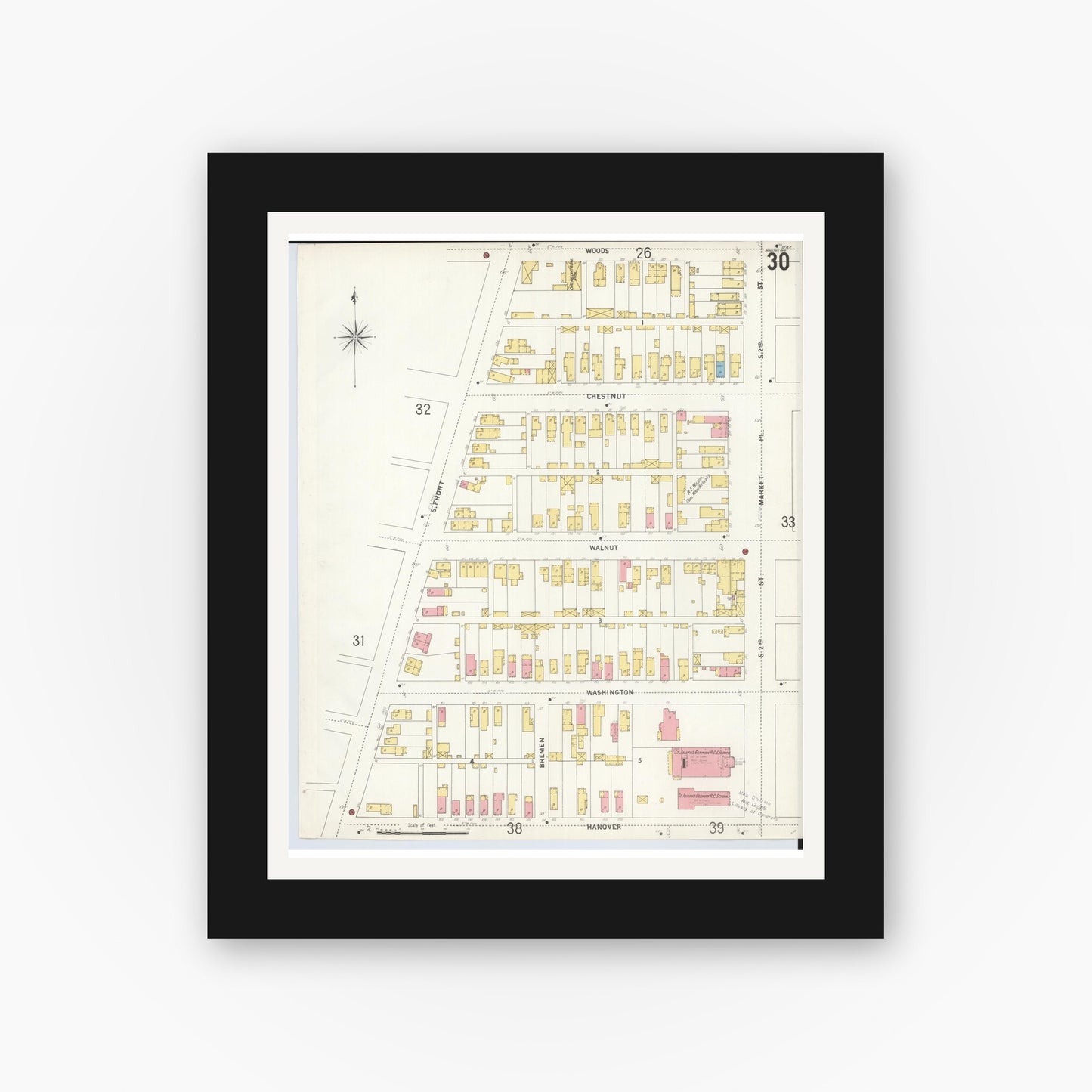 Old map wall art mockup — black gallery frame with white mat — Sanborn Fire Insurance Map from Hamilton, Butler County, Ohio (1899), Sheet #0030