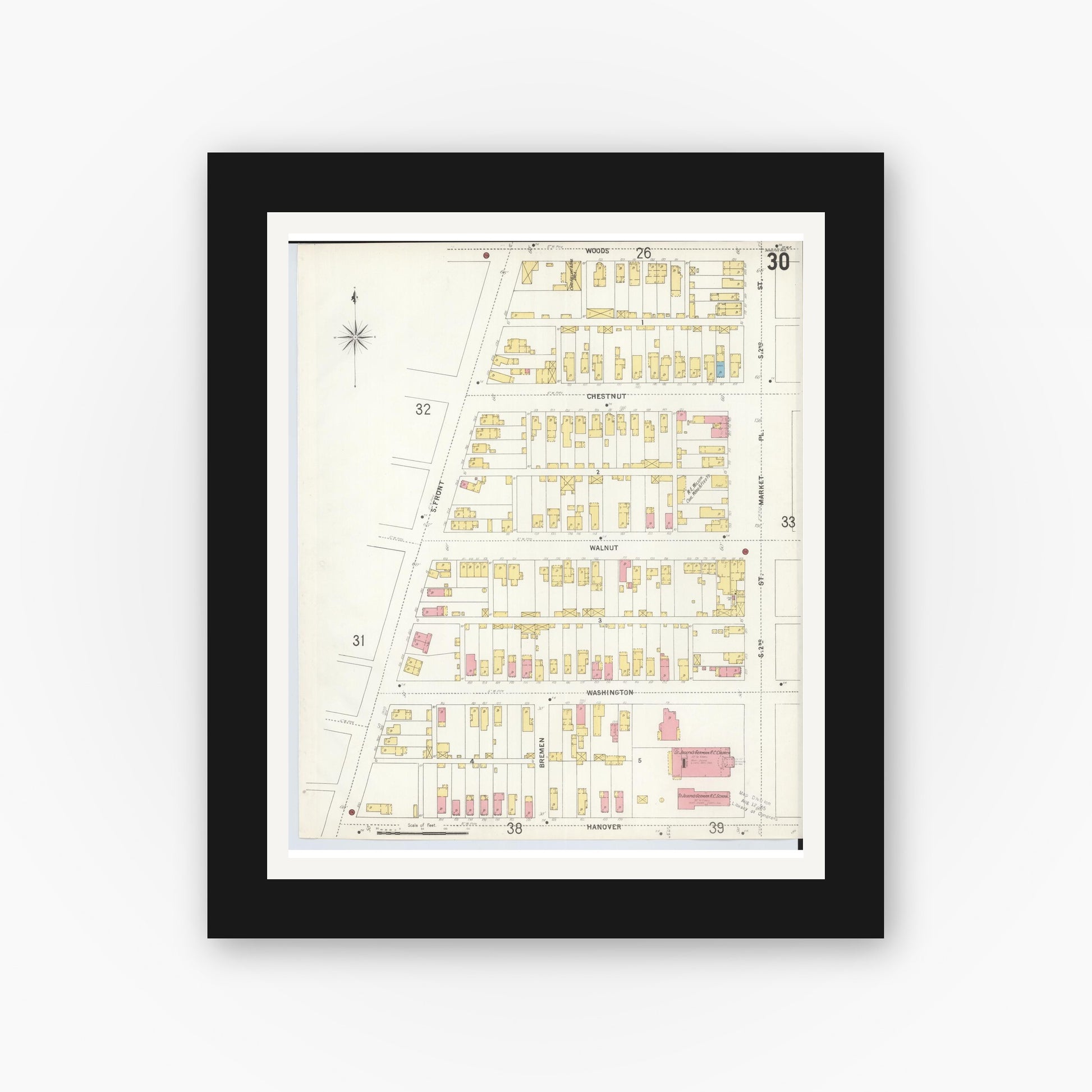 Old map wall art mockup — black gallery frame with white mat — Sanborn Fire Insurance Map from Hamilton, Butler County, Ohio (1899), Sheet #0030