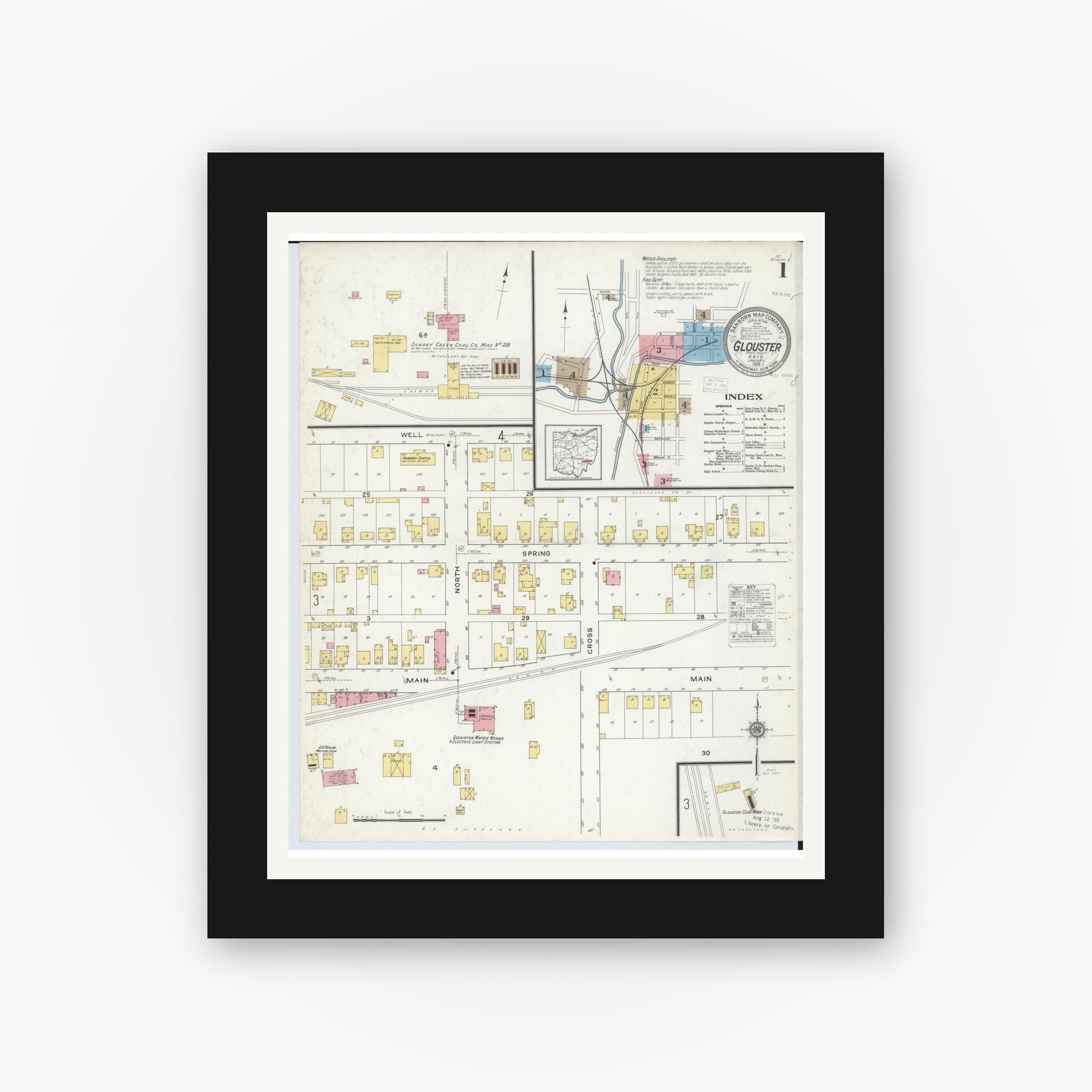 Old map wall art mockup — black gallery frame with white mat — Sanborn Fire Insurance Map from Glouster, Athens County, Ohio (1912) - Complete Map Set