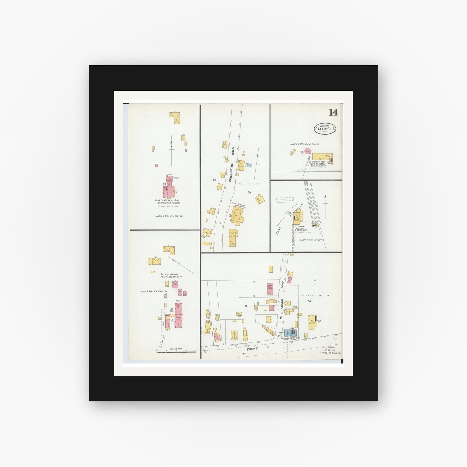Old map wall art mockup — black gallery frame with white mat — Sanborn Fire Insurance Map from Gallipolis, Gallia County, Ohio (1900), Sheet #0014