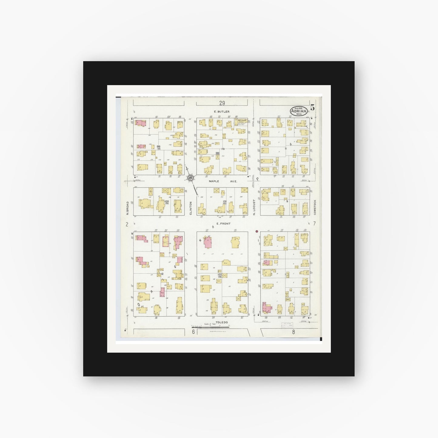 Old map wall art mockup — black gallery frame with white mat — Sanborn Fire Insurance Map from Adrian, Lenawee County, Michigan (1916), Sheet #0005