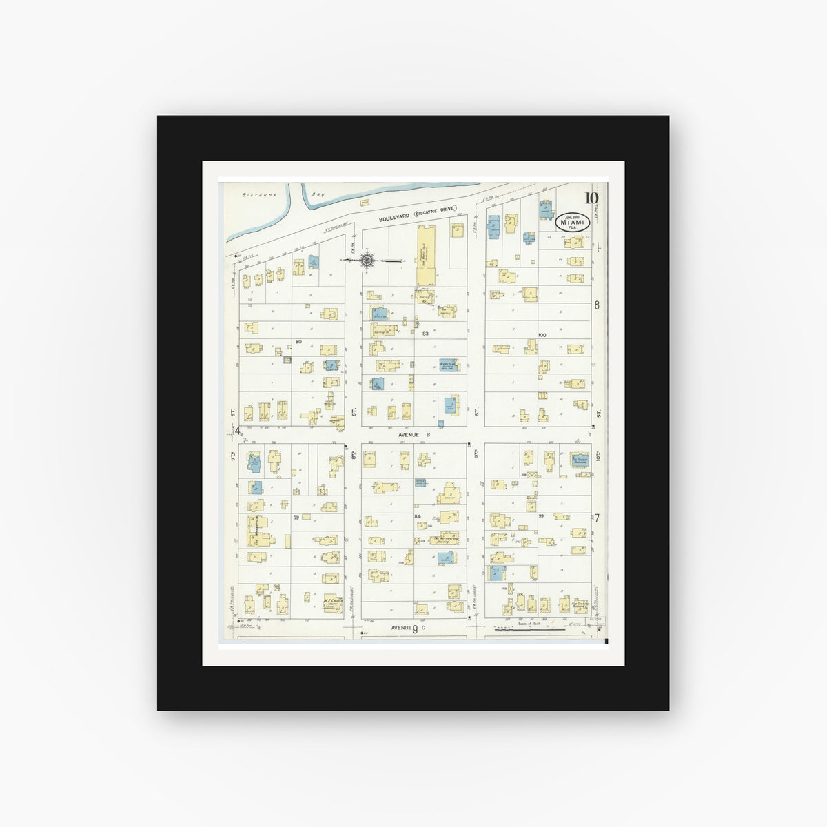 Old map wall art mockup — black gallery frame with white mat — Sanborn Fire Insurance Map from Miami, Dade County, Florida (1910), Sheet #0010