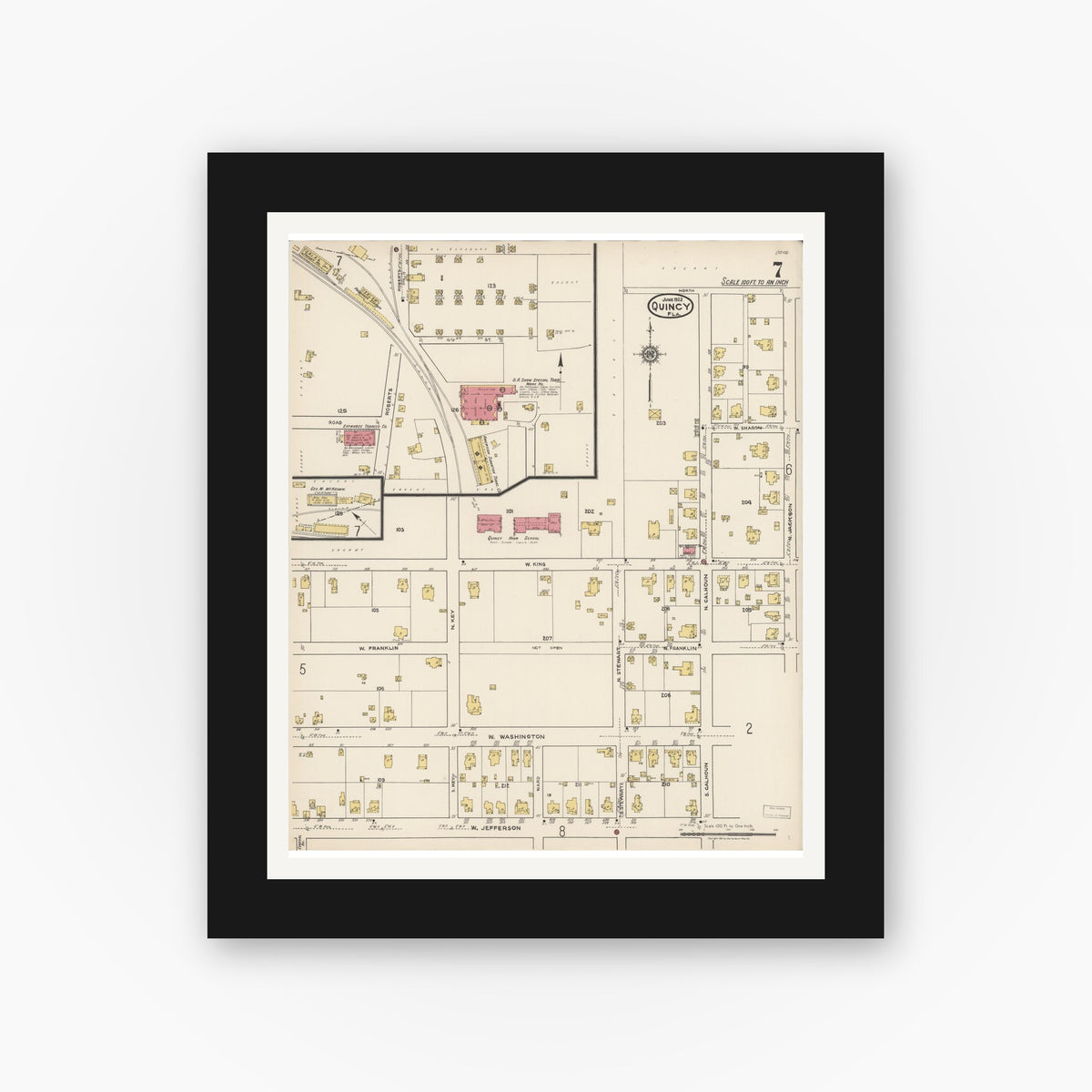 Old map wall art mockup — black gallery frame with white mat — Sanborn Fire Insurance Map from Quincy, Gadsden County, Florida (1922), Sheet #0007