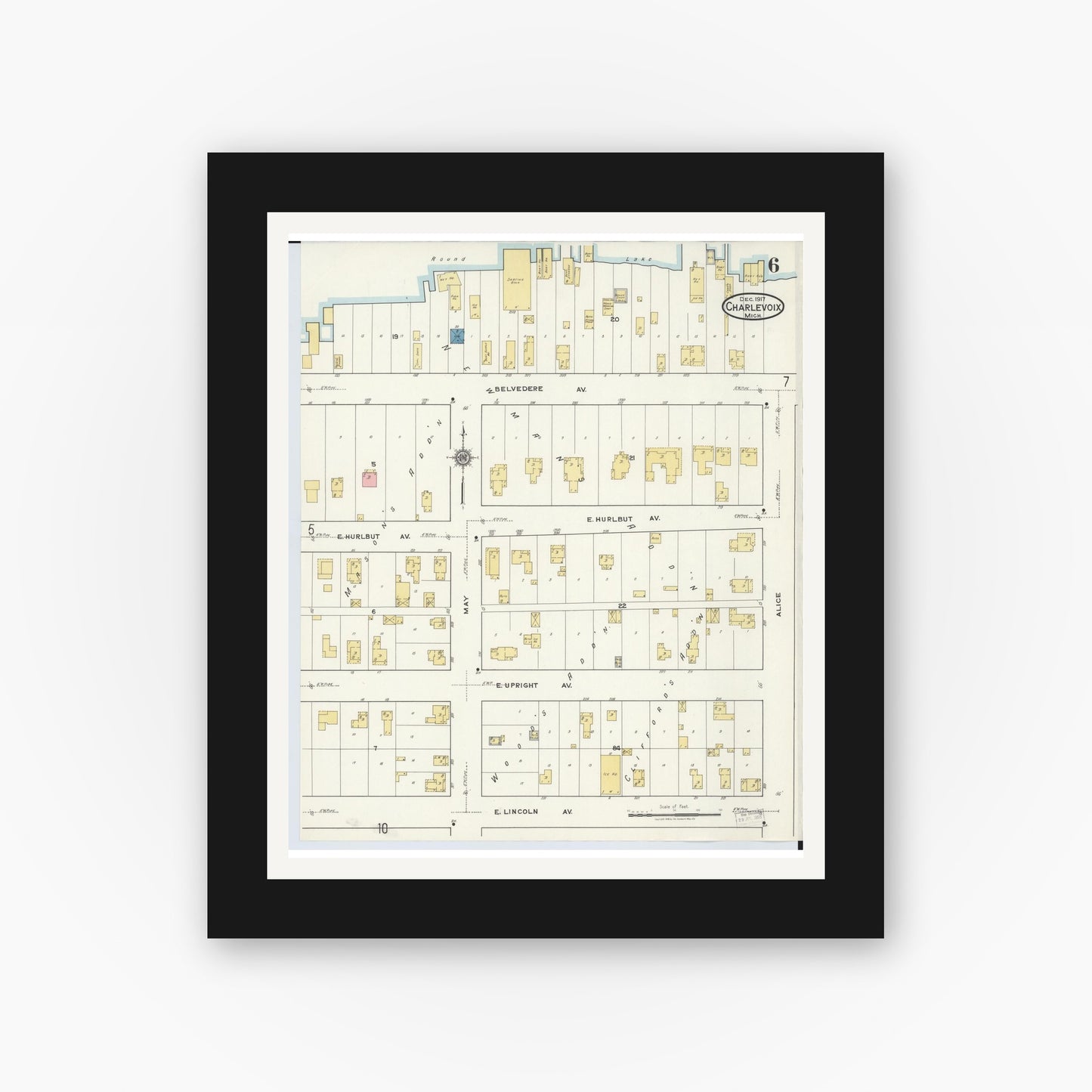 Old map wall art mockup — black gallery frame with white mat — Sanborn Fire Insurance Map from Charlevoix, Charlevoix County, Michigan (1917), Sheet #0006