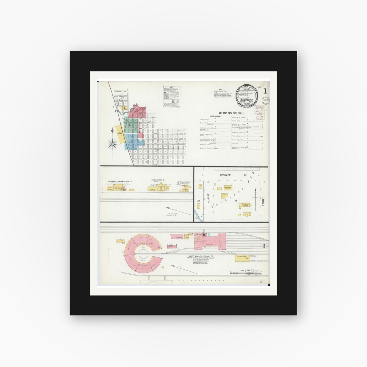 Old map wall art mockup — black gallery frame with white mat — Sanborn Fire Insurance Map from Barnesville, Clay County, Minnesota (1899) - Complete Map Set