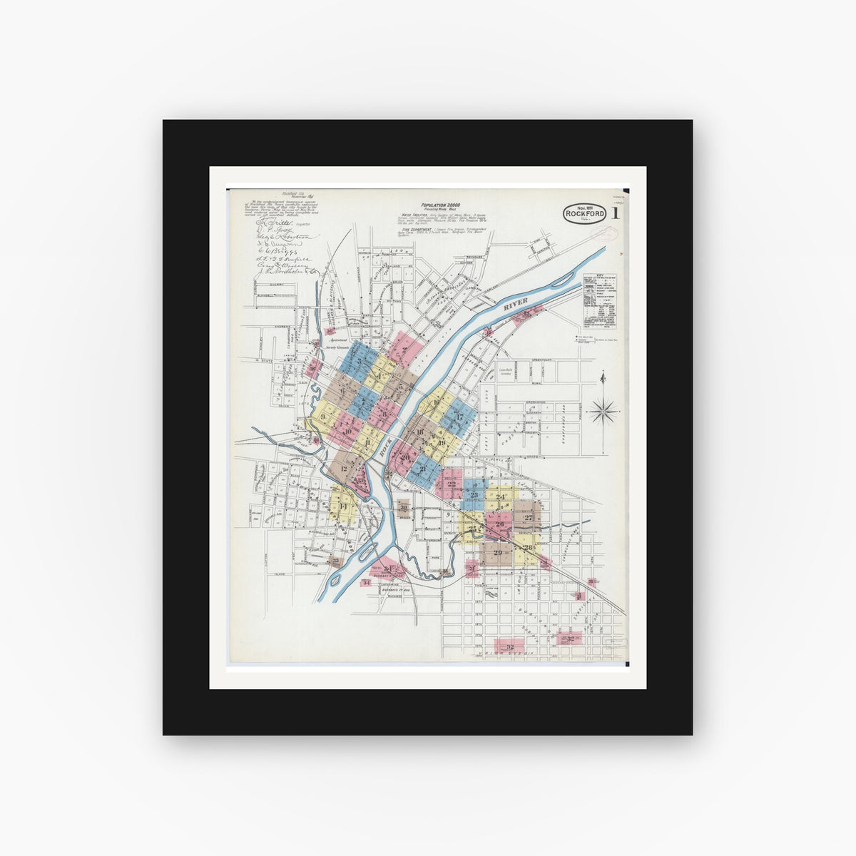 Old map wall art mockup — black gallery frame with white mat — Sanborn Fire Insurance Map from Rockford, Winnebago County, Illinois (1891), Sheet #0001