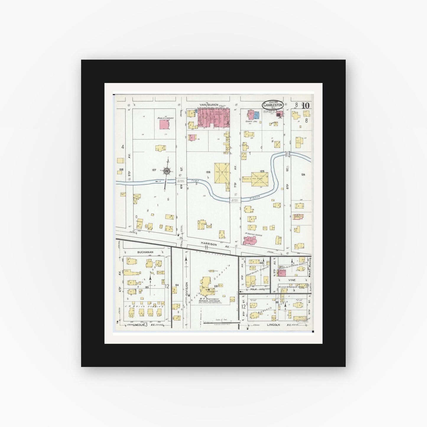 Old map wall art mockup — black gallery frame with white mat — Sanborn Fire Insurance Map from Charleston, Coles County, Illinois (1919), Sheet #0010
