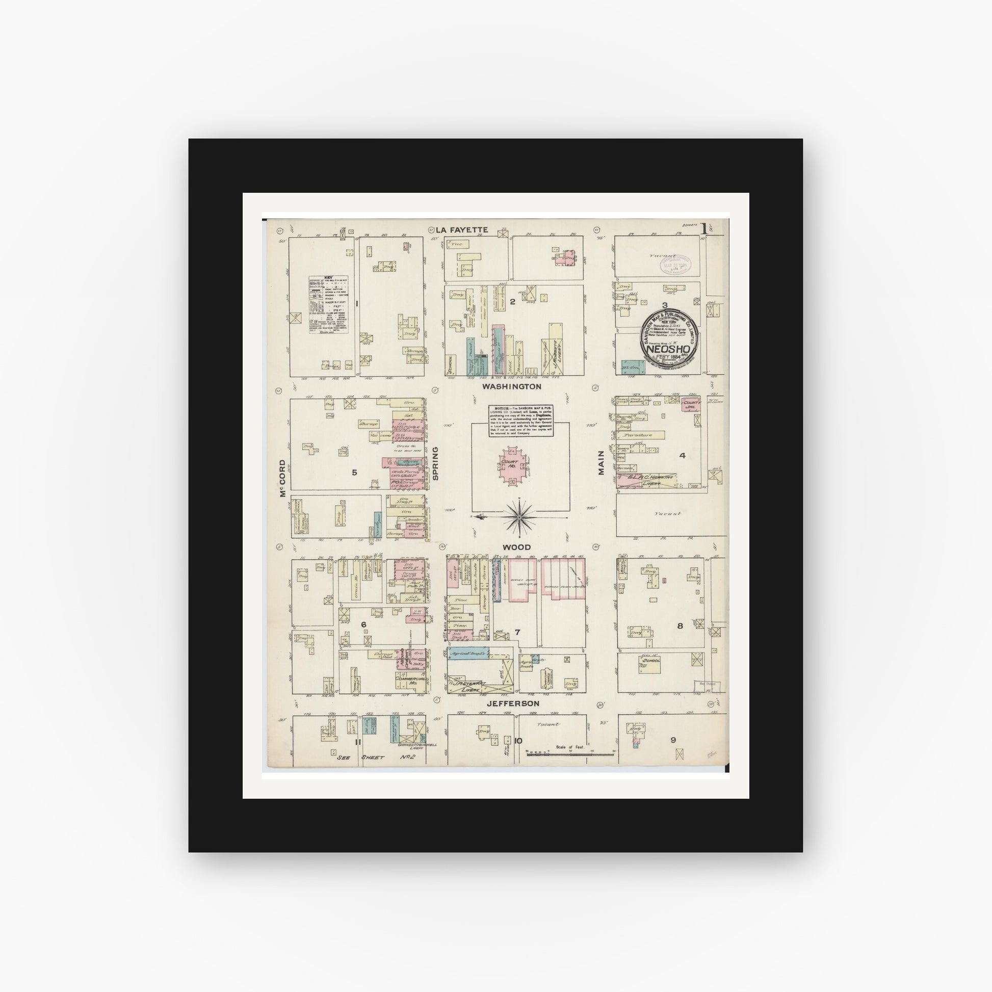Old map wall art mockup — black gallery frame with white mat — Sanborn Fire Insurance Map from Neosho, Newton County, Missouri (1884), Sheet #0001