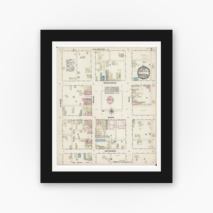 Old map wall art mockup — black gallery frame with white mat — Sanborn Fire Insurance Map from Neosho, Newton County, Missouri (1884), Sheet #0001