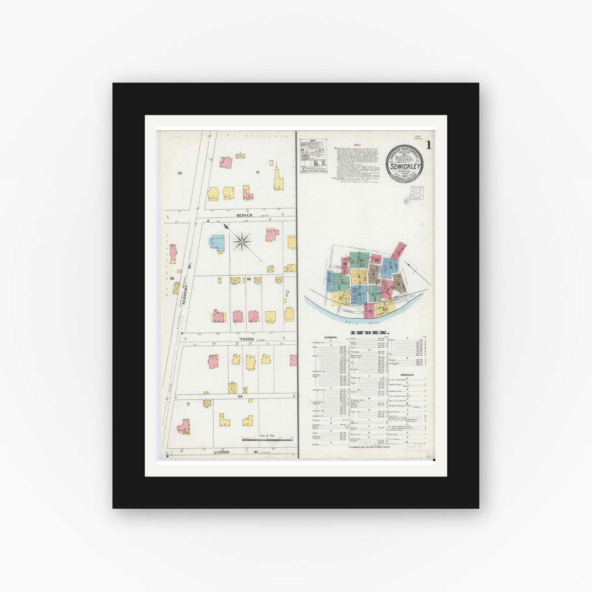 Old map wall art mockup — black gallery frame with white mat — Sanborn Fire Insurance Map from Sewickley, Allegheny County, Pennsylvania (1905) - Complete Map Set