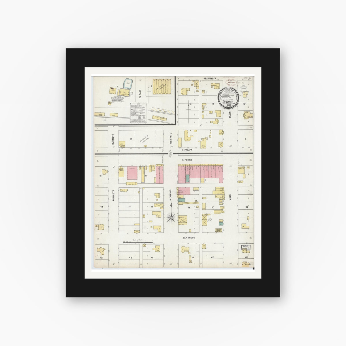Old map wall art mockup — black gallery frame with white mat — Sanborn Fire Insurance Map from Detroit, Red River County, Texas (1899), Sheet #0001
