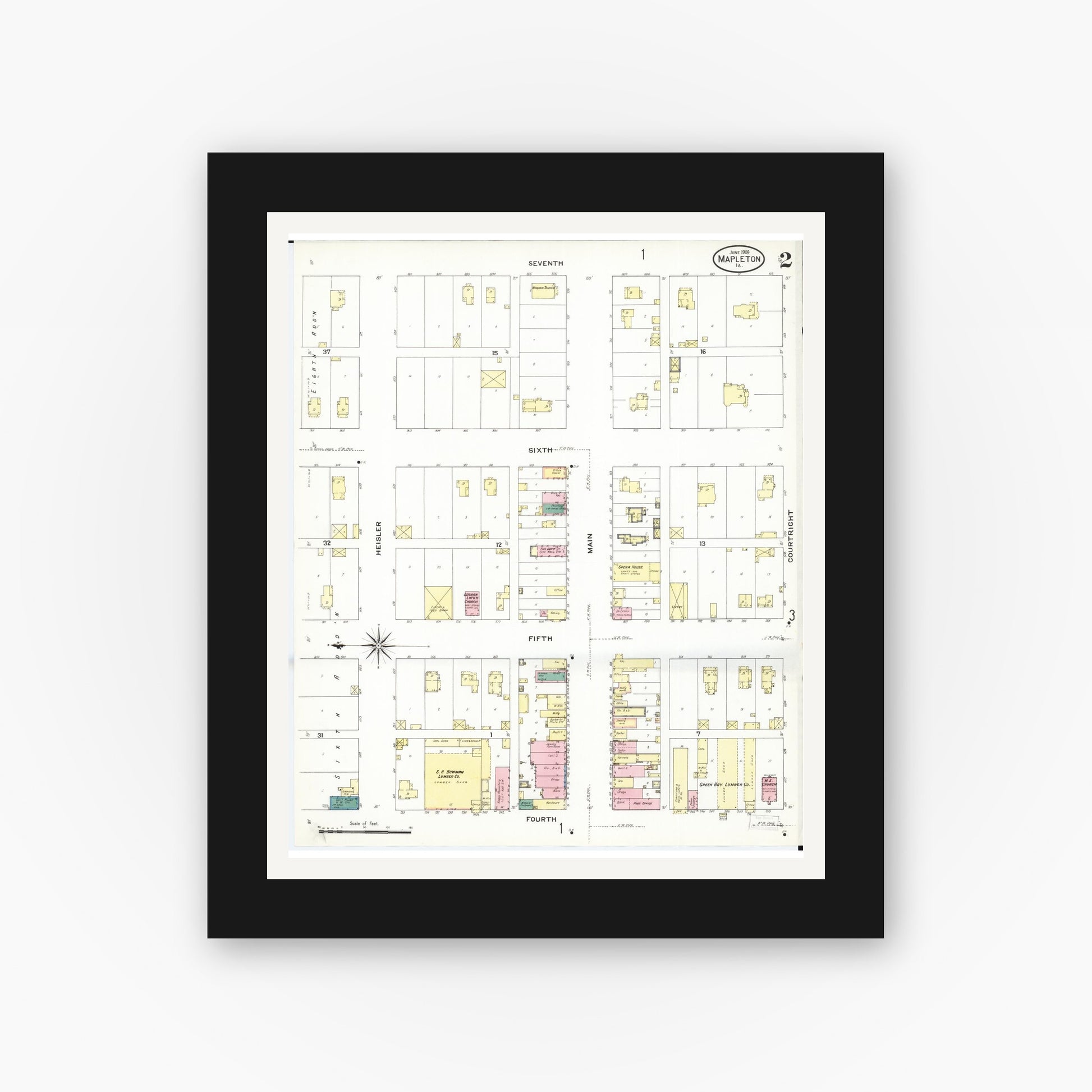 Old map wall art mockup — black gallery frame with white mat — Sanborn Fire Insurance Map from Mapleton, Monona County, Iowa (1909), Sheet #0002
