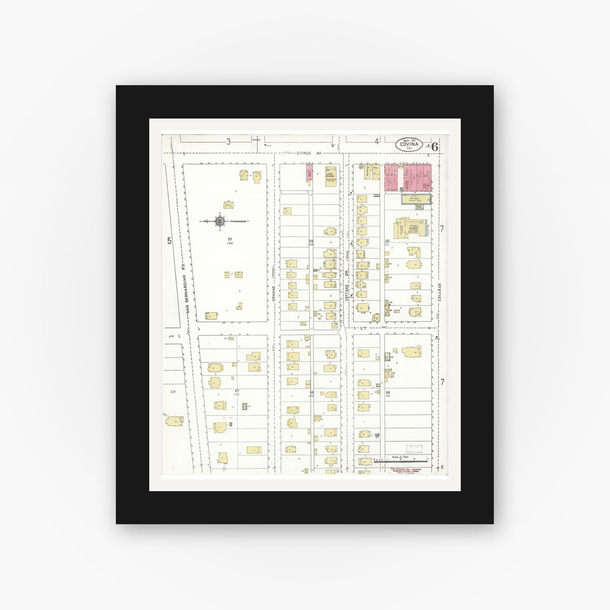 Old map wall art mockup — black gallery frame with white mat — Sanborn Fire Insurance Map from Covina, Los Angeles County, California (1911), Sheet #0006