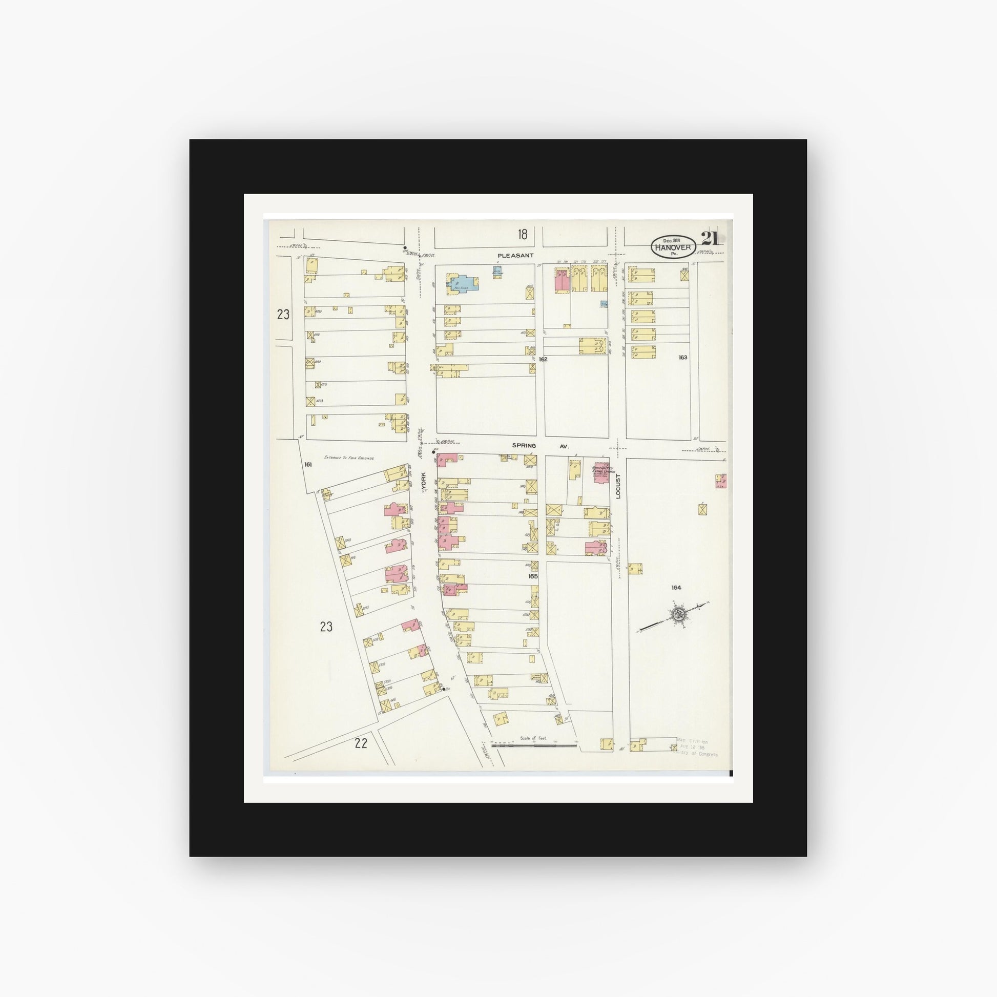 Old map wall art mockup — black gallery frame with white mat — Sanborn Fire Insurance Map from Hanover, York County, Pennsylvania (1909), Sheet #0021