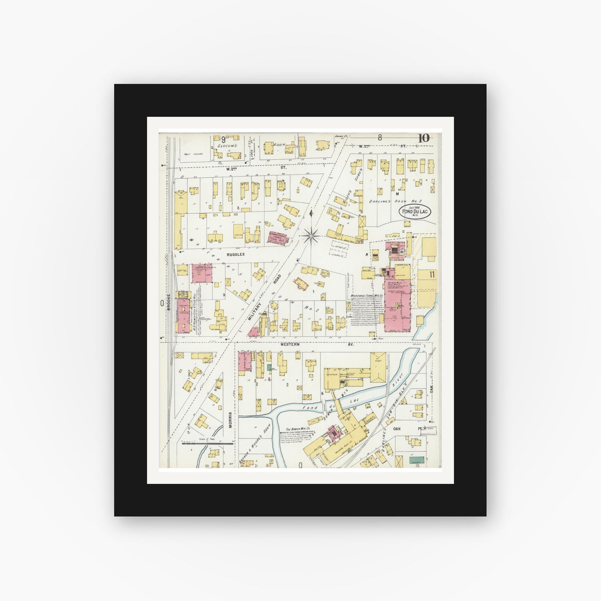 Old map wall art mockup — black gallery frame with white mat — Sanborn Fire Insurance Map from Fond du Lac, Fond du Lac County, Wisconsin (1898), Sheet #0010