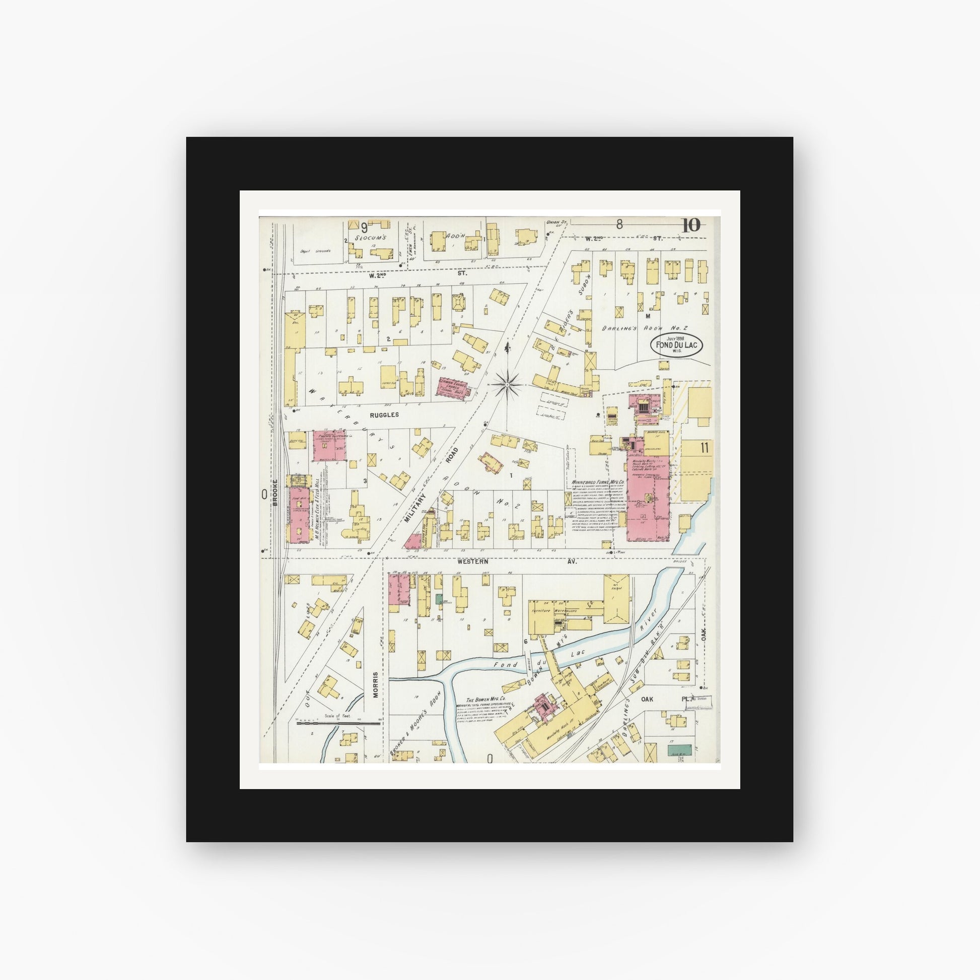 Old map wall art mockup — black gallery frame with white mat — Sanborn Fire Insurance Map from Fond du Lac, Fond du Lac County, Wisconsin (1898), Sheet #0010