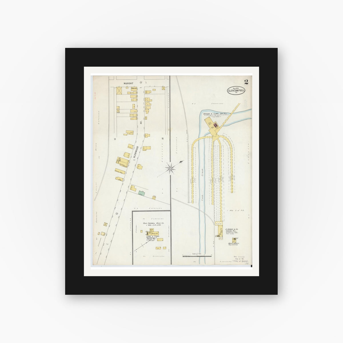 Old map wall art mockup — black gallery frame with white mat — Sanborn Fire Insurance Map from Glen Campbell, Indiana County, Pennsylvania (1898), Sheet #0002
