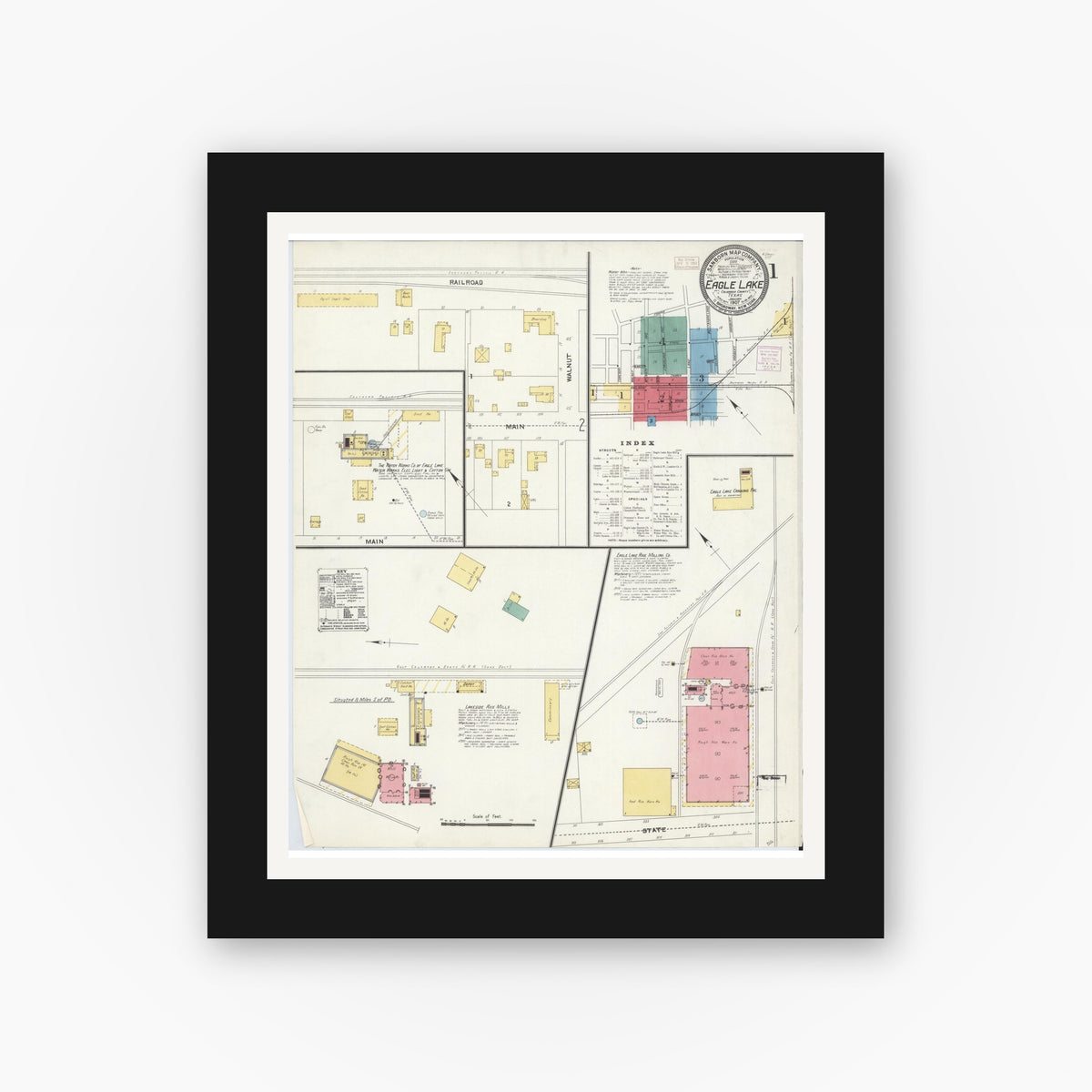 Old map wall art mockup — black gallery frame with white mat — Sanborn Fire Insurance Map from Eagle Lake, Colorado County, Texas (1907), Sheet #0001