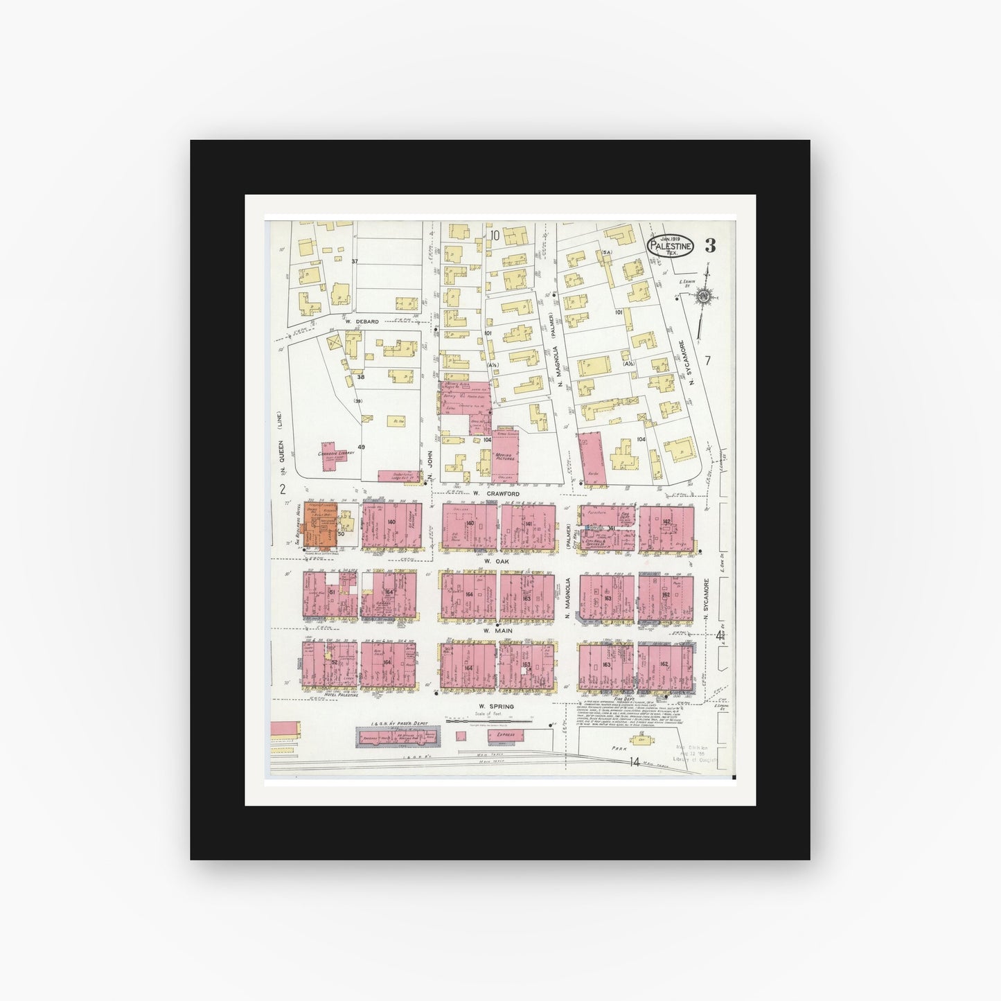 Old map wall art mockup — black gallery frame with white mat — Sanborn Fire Insurance Map from Palestine, Anderson County, Texas (1919), Sheet #0003