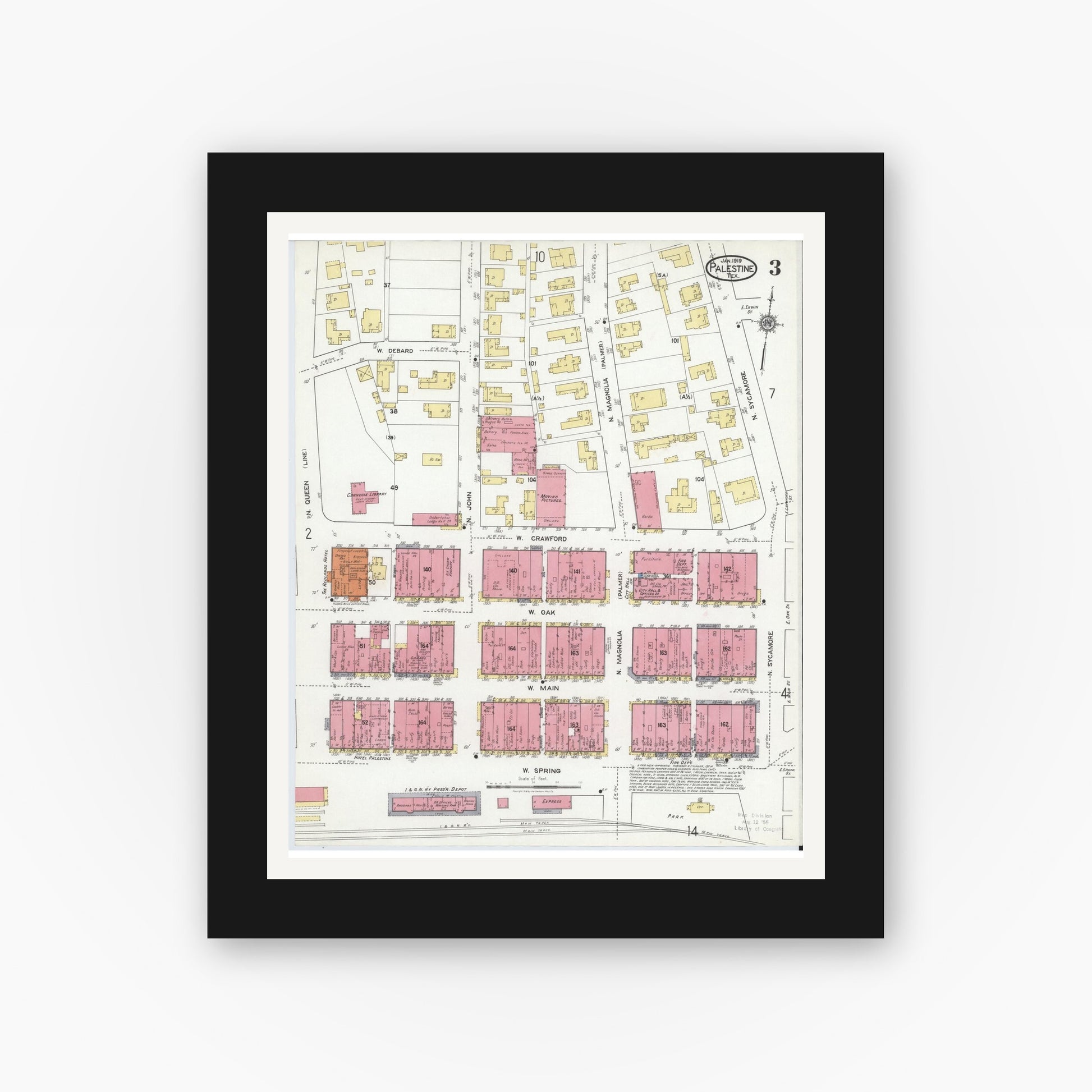 Old map wall art mockup — black gallery frame with white mat — Sanborn Fire Insurance Map from Palestine, Anderson County, Texas (1919), Sheet #0003